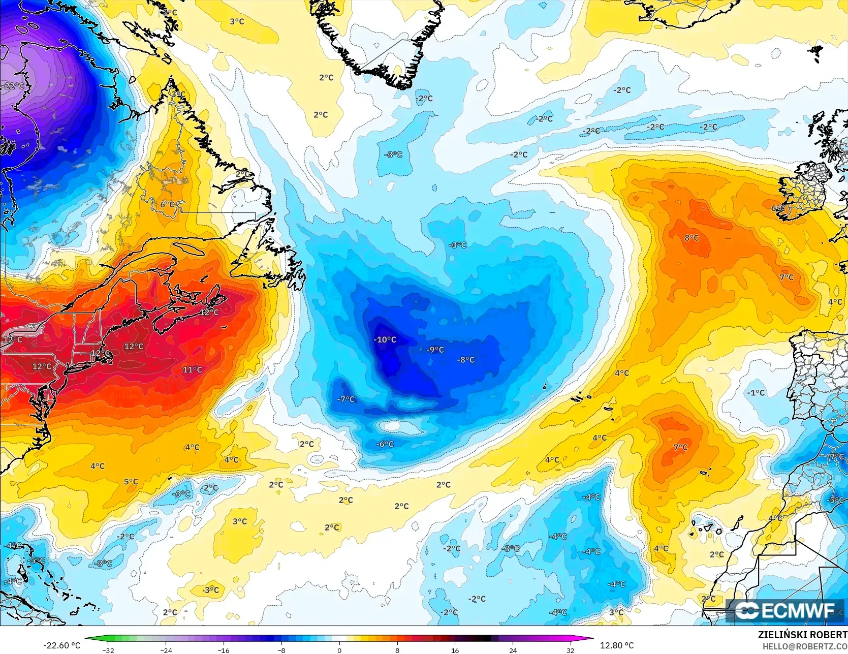 ECMWF IFS 0.25° model - North Atlantic, Temperature at 850hPa Anomaly