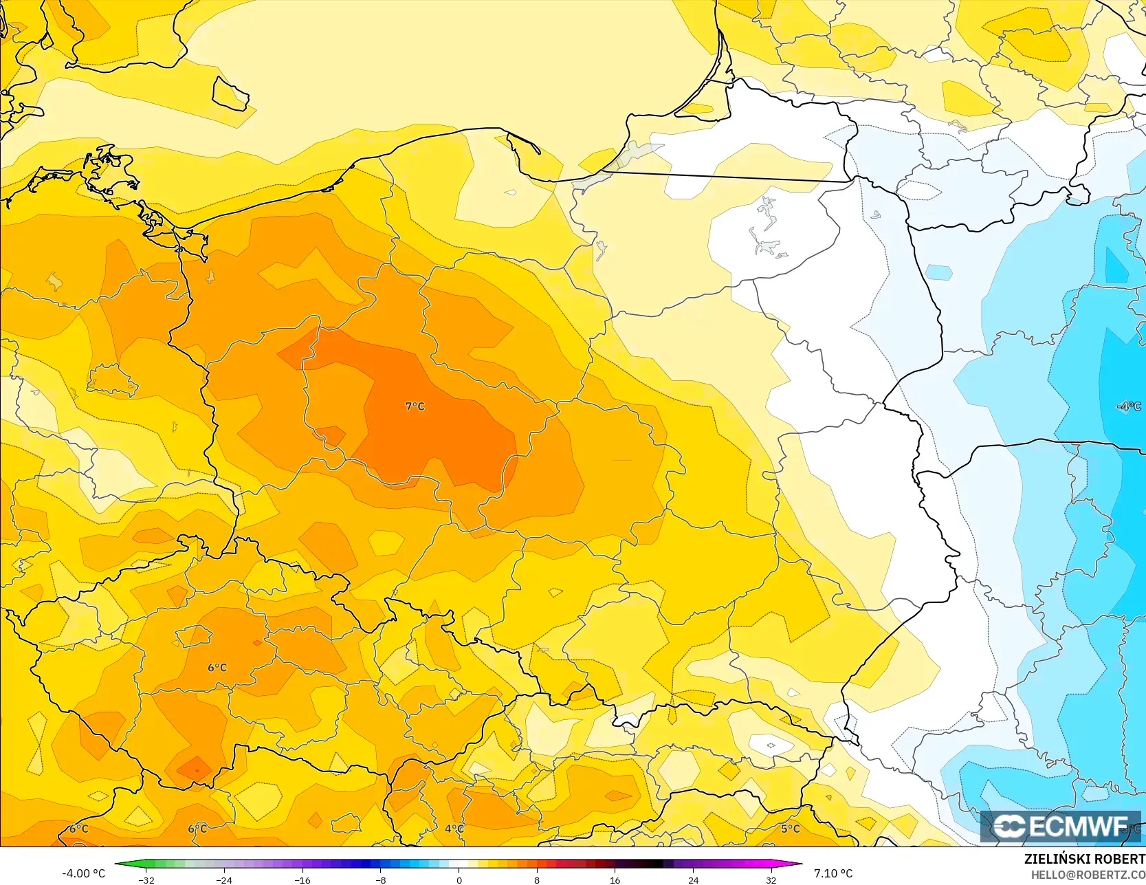 ECMWF IFS 0.25° model - Poland, Temperature at 2m Anomaly