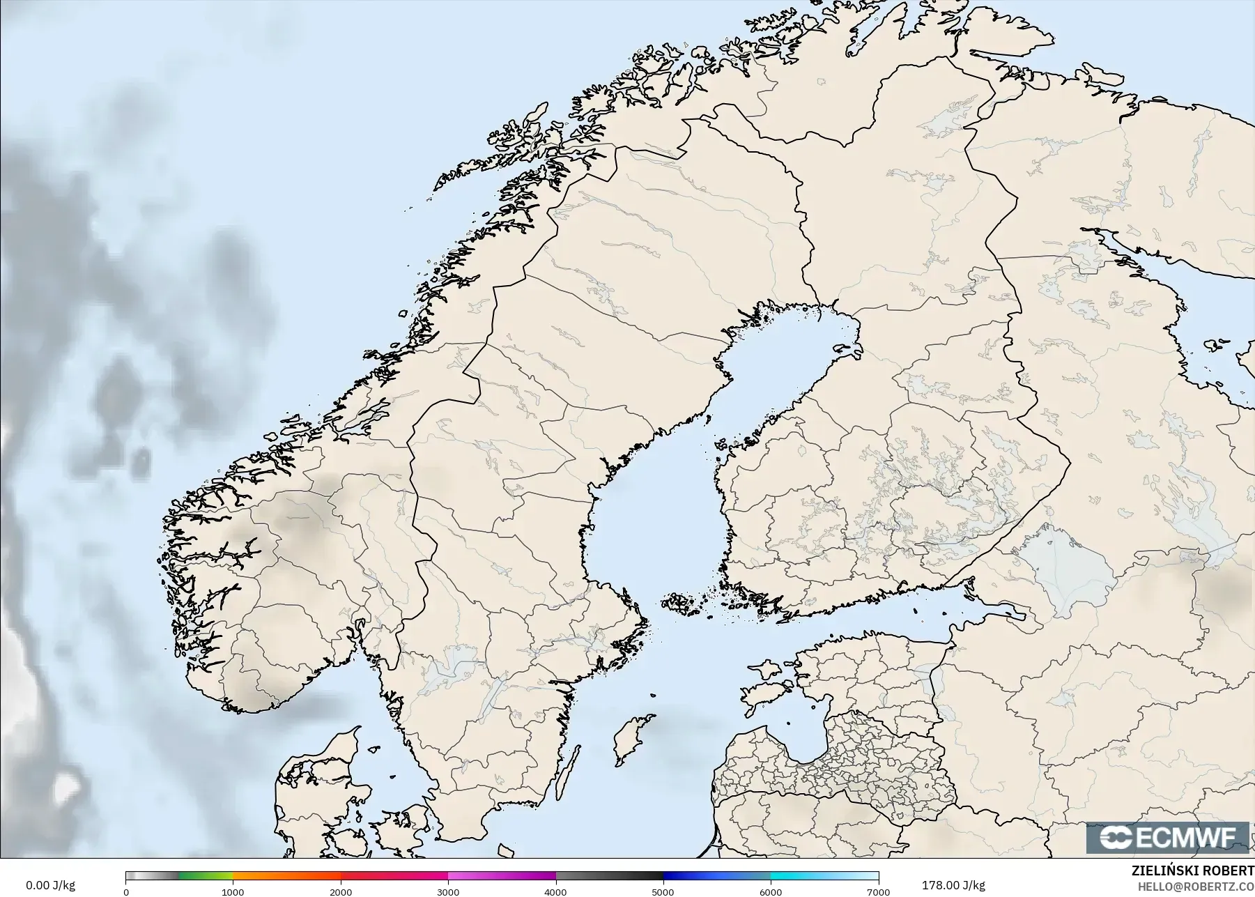 ECMWF IFS 0.25° model - Scandinavia, CAPE