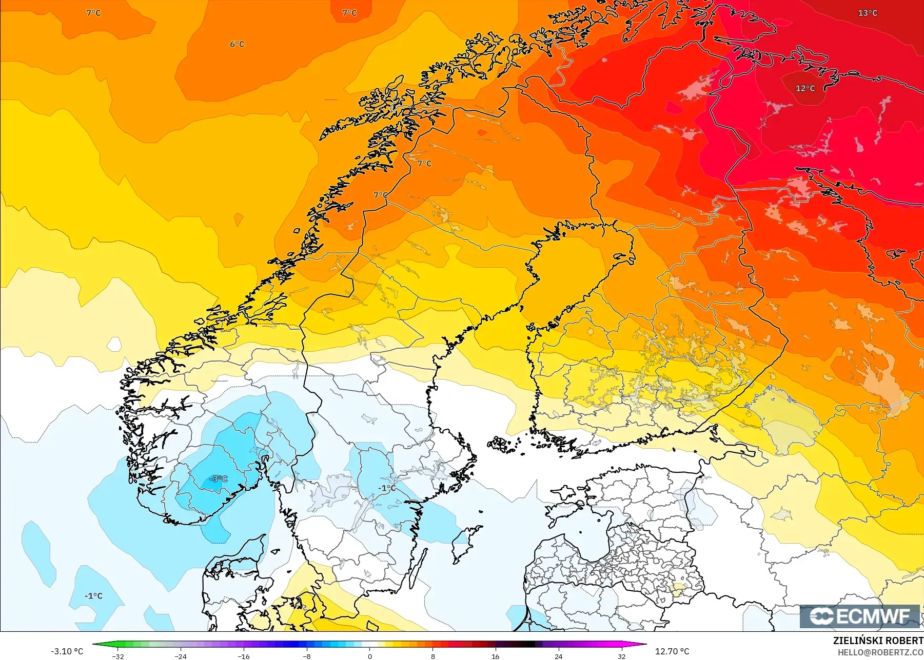 ECMWF IFS 0.25° model - Scandinavia, Temperature at 850hPa Anomaly