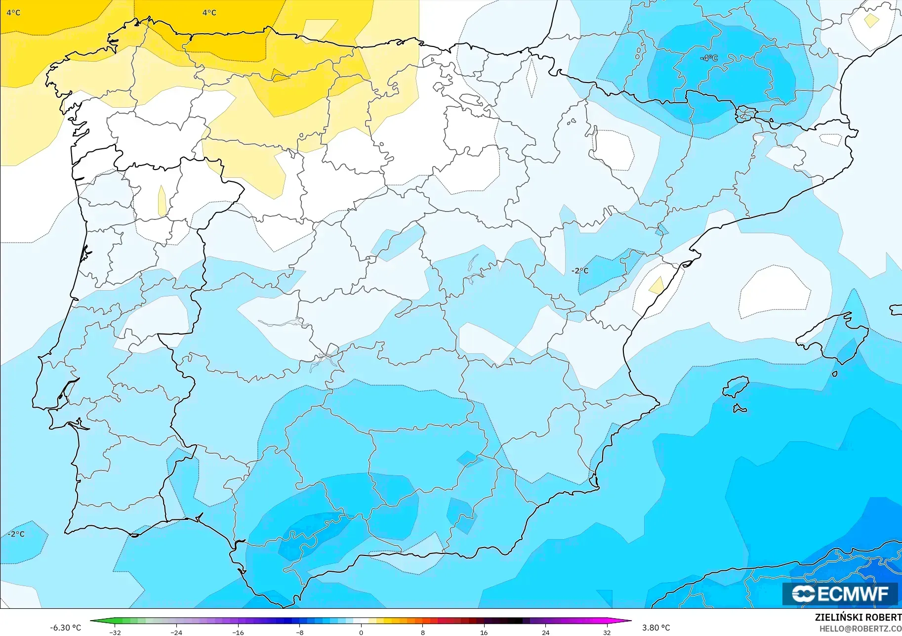 ECMWF IFS 0.25° model - Spain, Temperature at 850hPa Anomaly