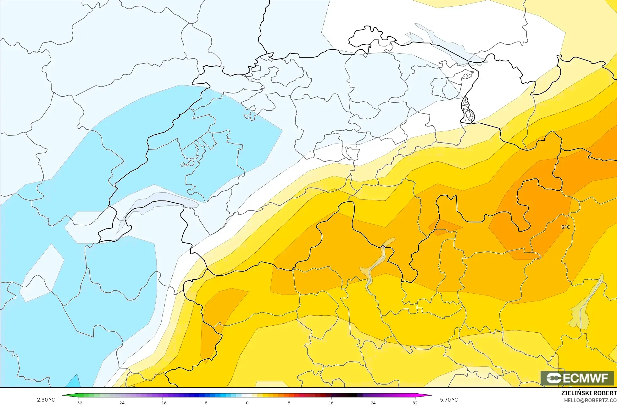 ECMWF IFS 0.25° model - Switzerland, Temperature at 850hPa Anomaly