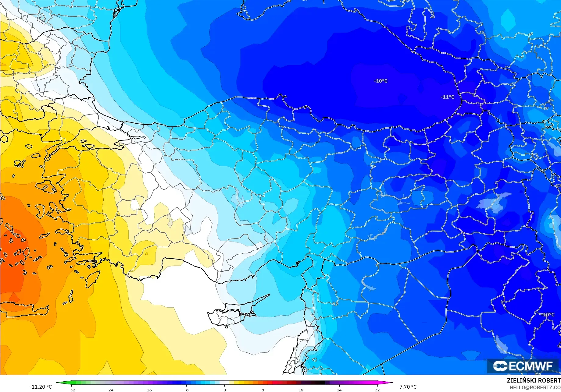 ECMWF IFS 0.25° model - Turkey, Temperature at 850hPa Anomaly