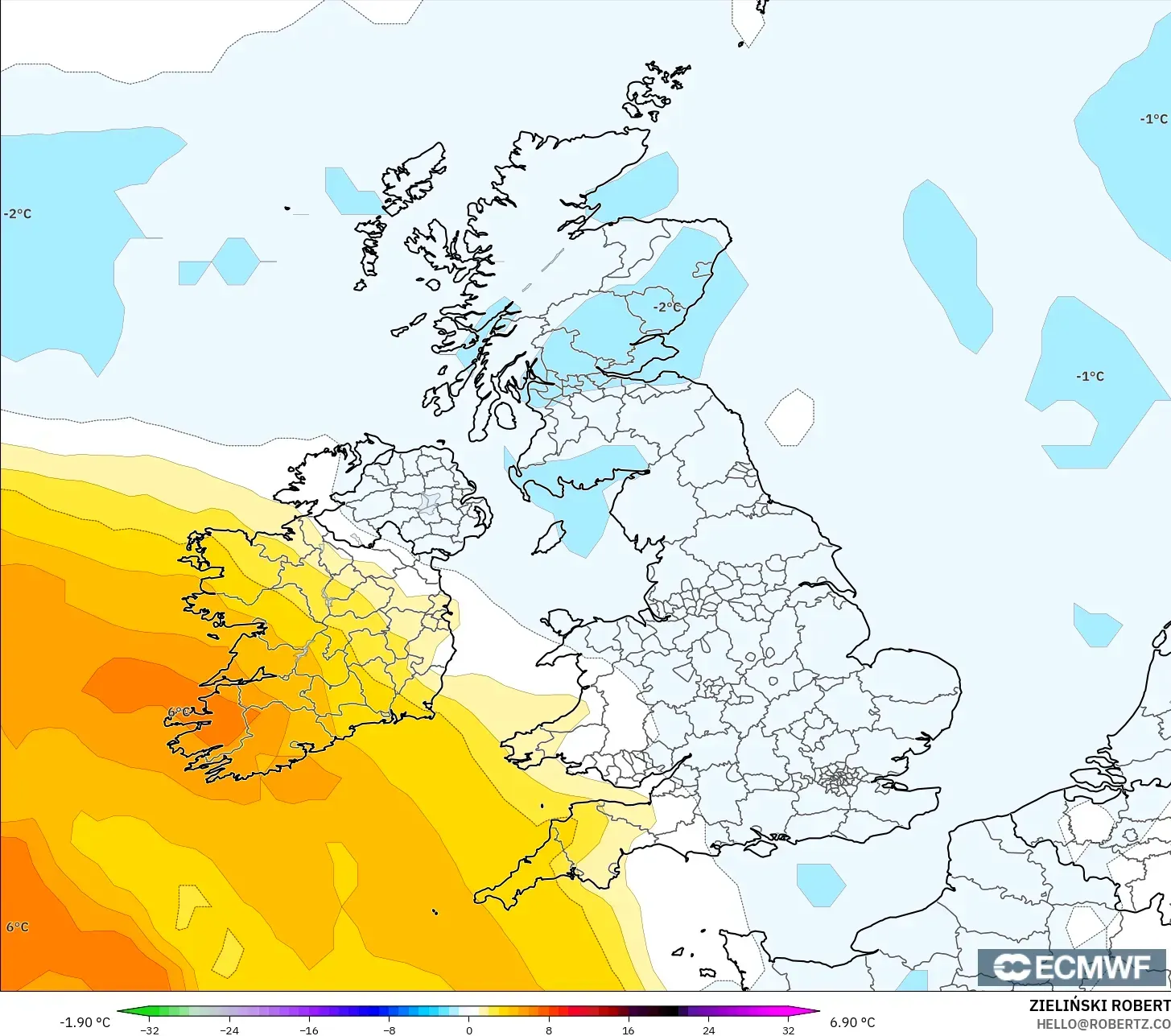 ECMWF IFS 0.25° model - United Kingdom, Temperature at 850hPa Anomaly
