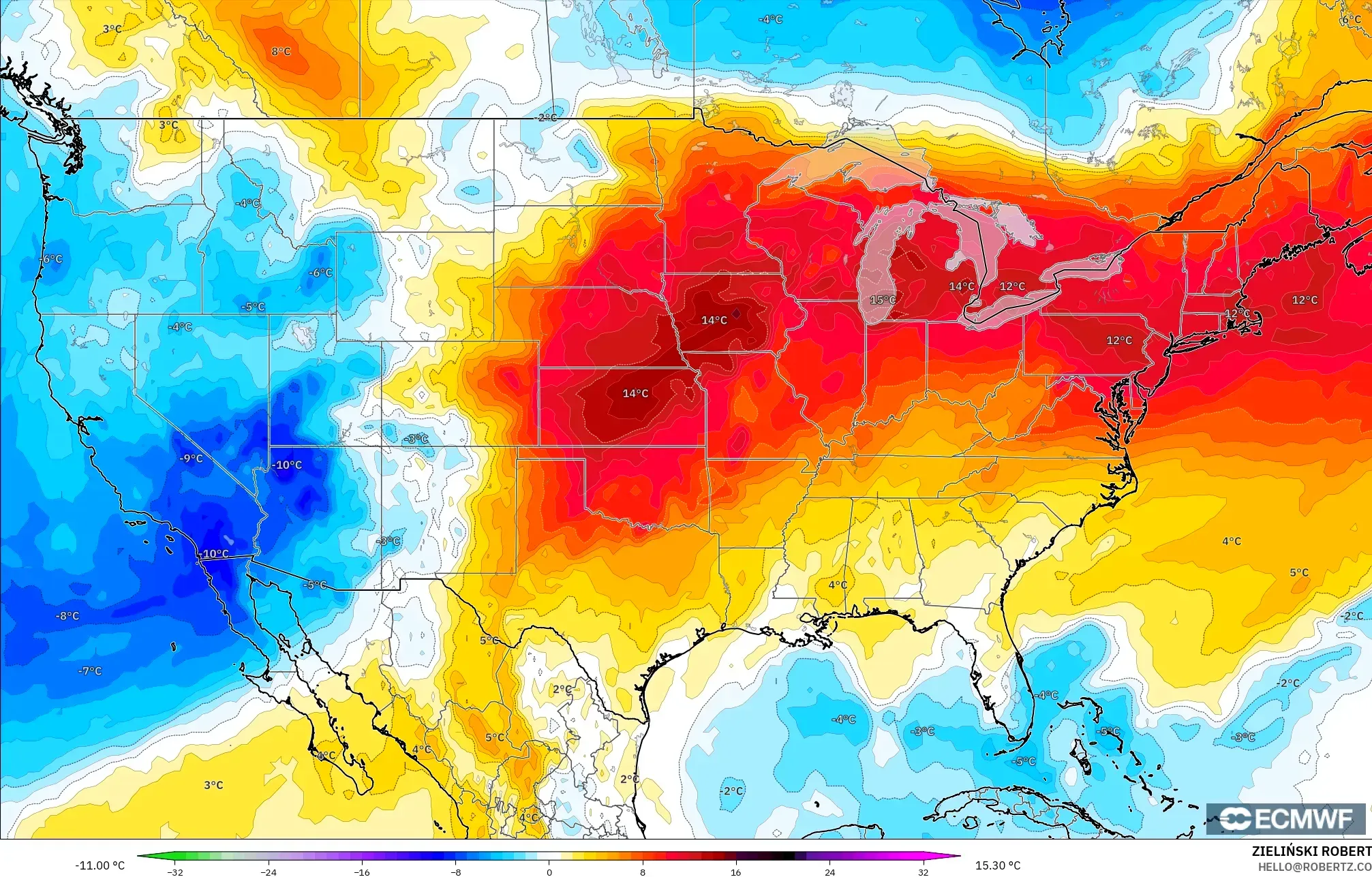 ECMWF IFS 0.25° model - United States, Temperature at 850hPa Anomaly