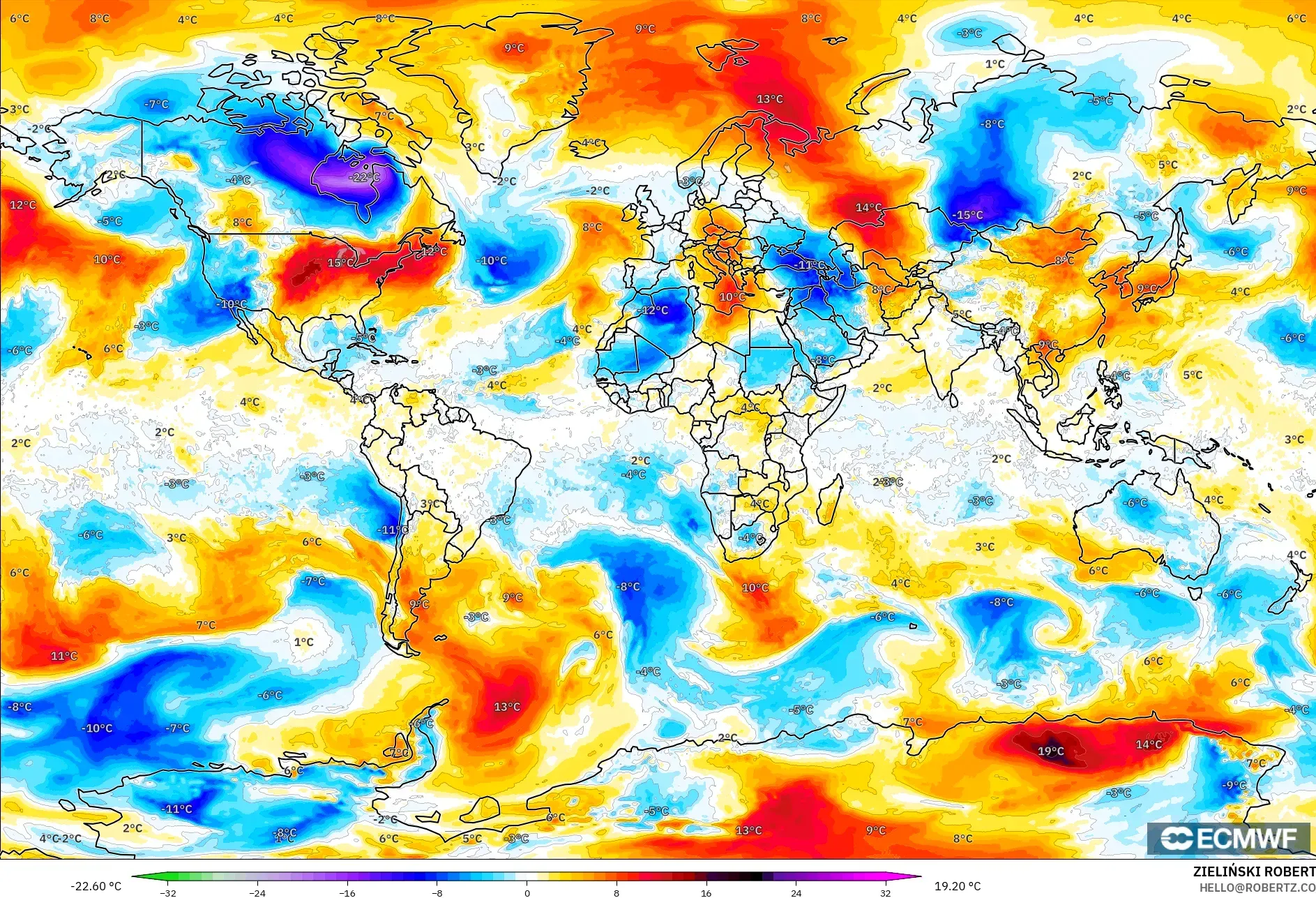 ECMWF IFS 0.25° model - World, Temperature at 850hPa Anomaly