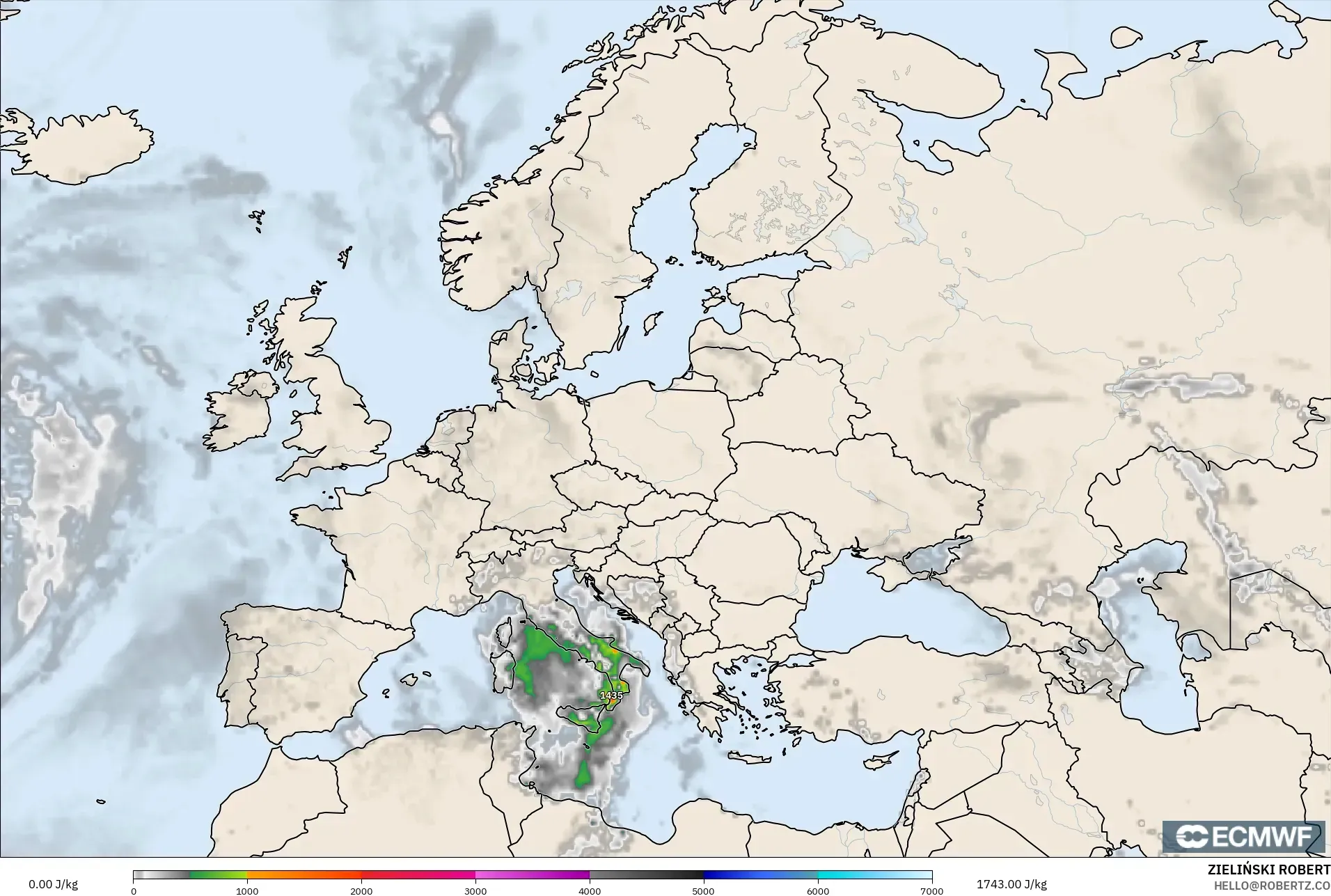 ECMWF IFS 0.25° model - Europe, CAPE