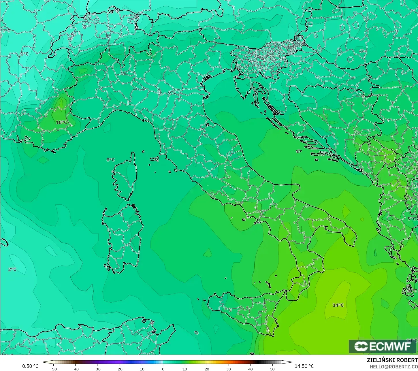 ECMWF IFS 0.25° model - Italy, Temperature at 850hPa