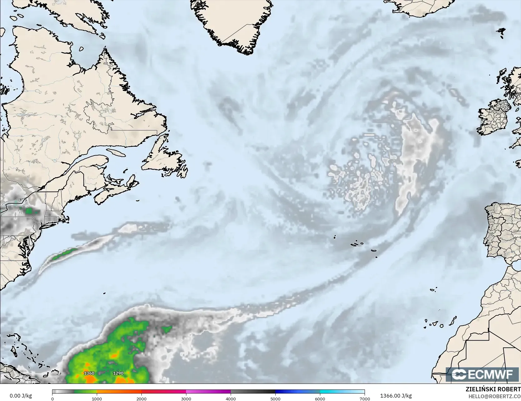 ECMWF IFS 0.25° model - North Atlantic, CAPE