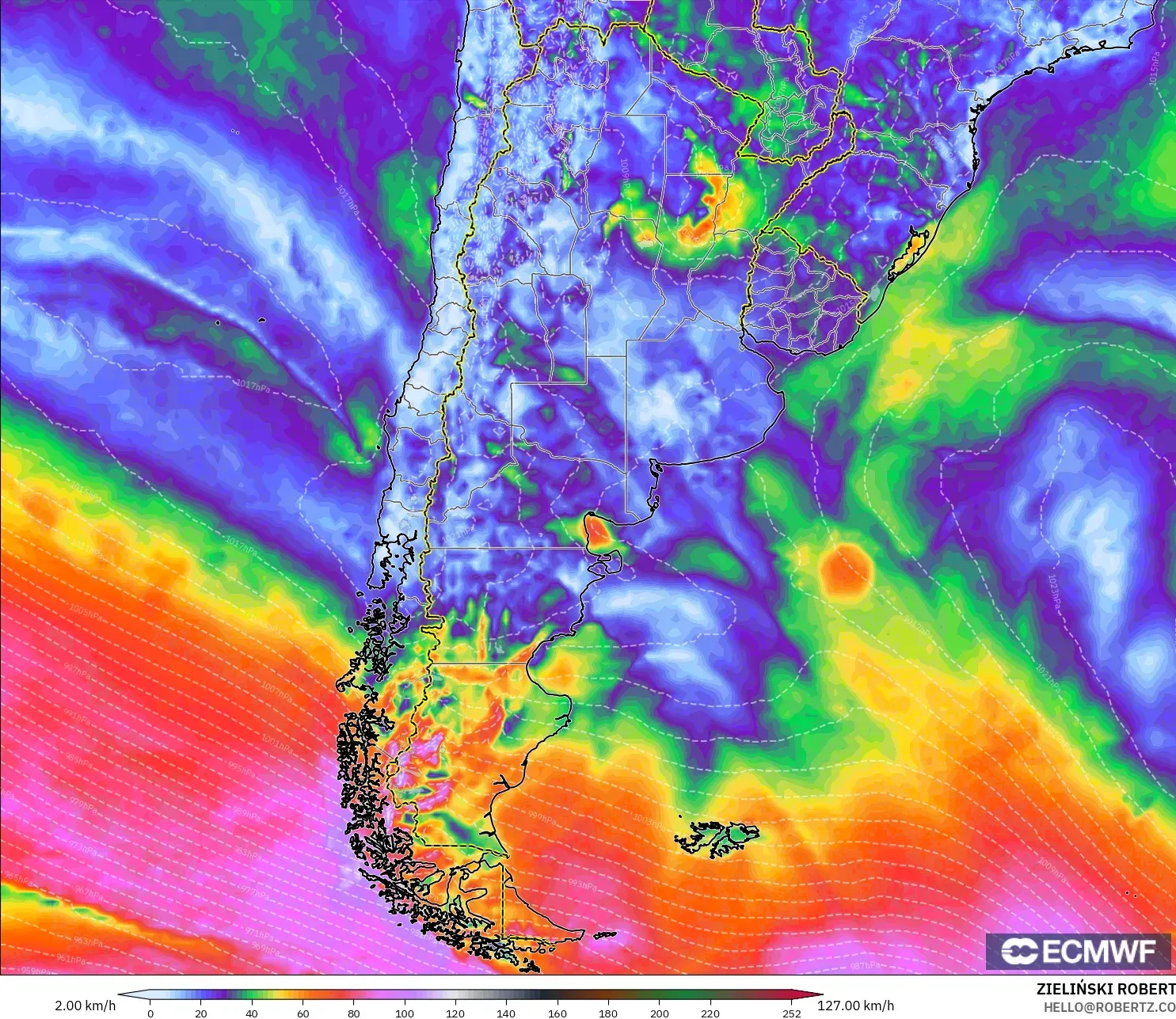 ECMWF IFS 0.25° نموذج - الأرجنتين, هبات الرياح