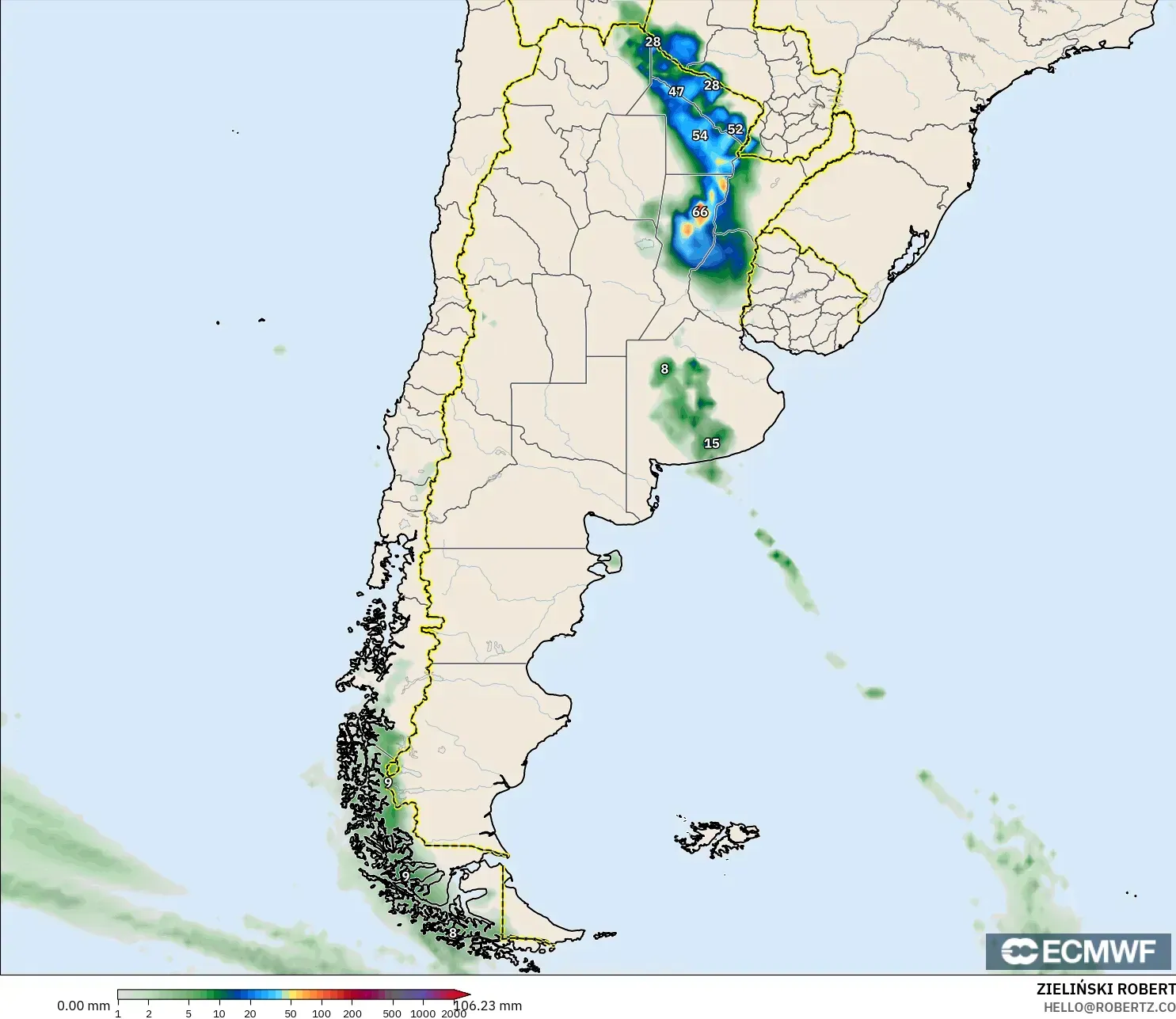 ECMWF IFS 0.25° نموذج - الأرجنتين, تراكم الهطول