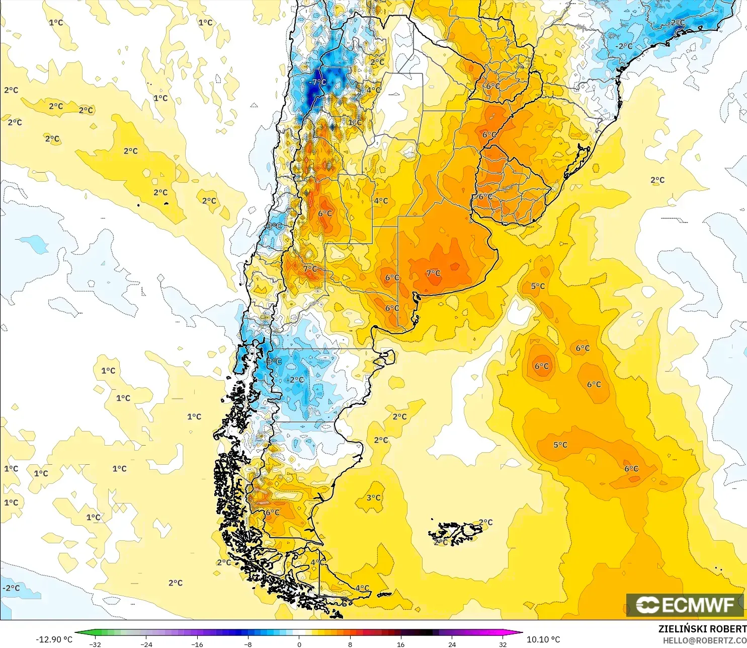 ECMWF IFS 0.25° model - Argentina, Temperature at 2m Anomaly