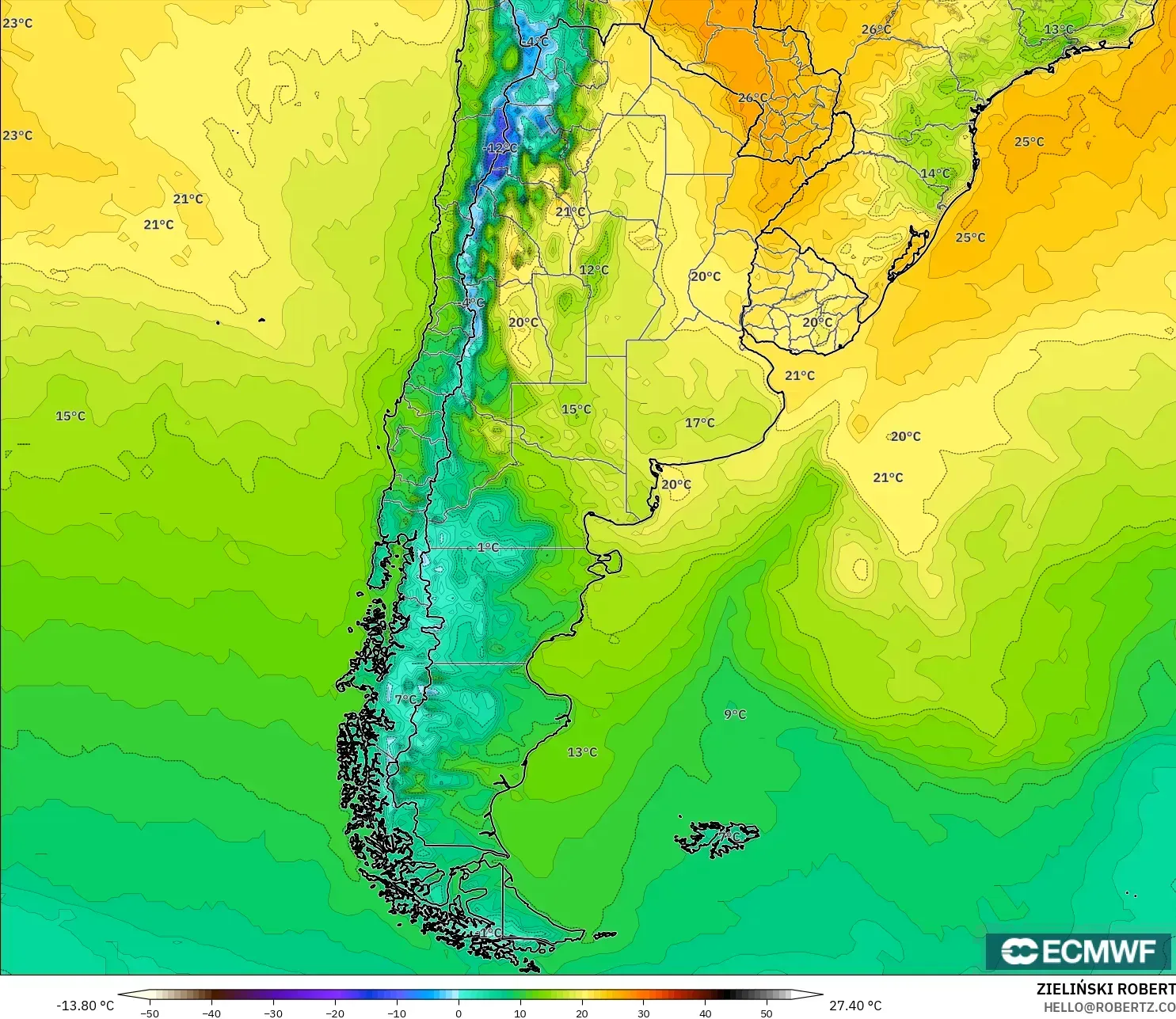 ECMWF IFS 0.25° نموذج - الأرجنتين, درجة الحرارة على ارتفاع 2 م