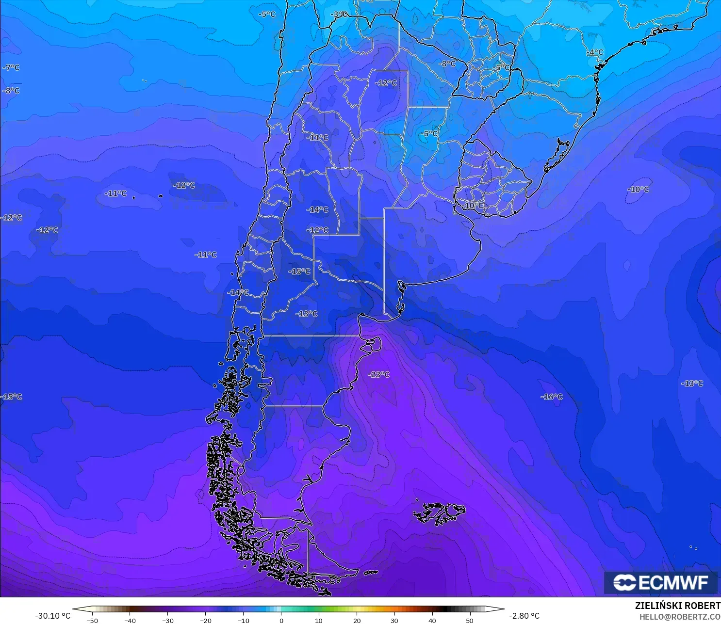ECMWF IFS 0.25° نموذج - الأرجنتين, درجة الحرارة 500 hPa