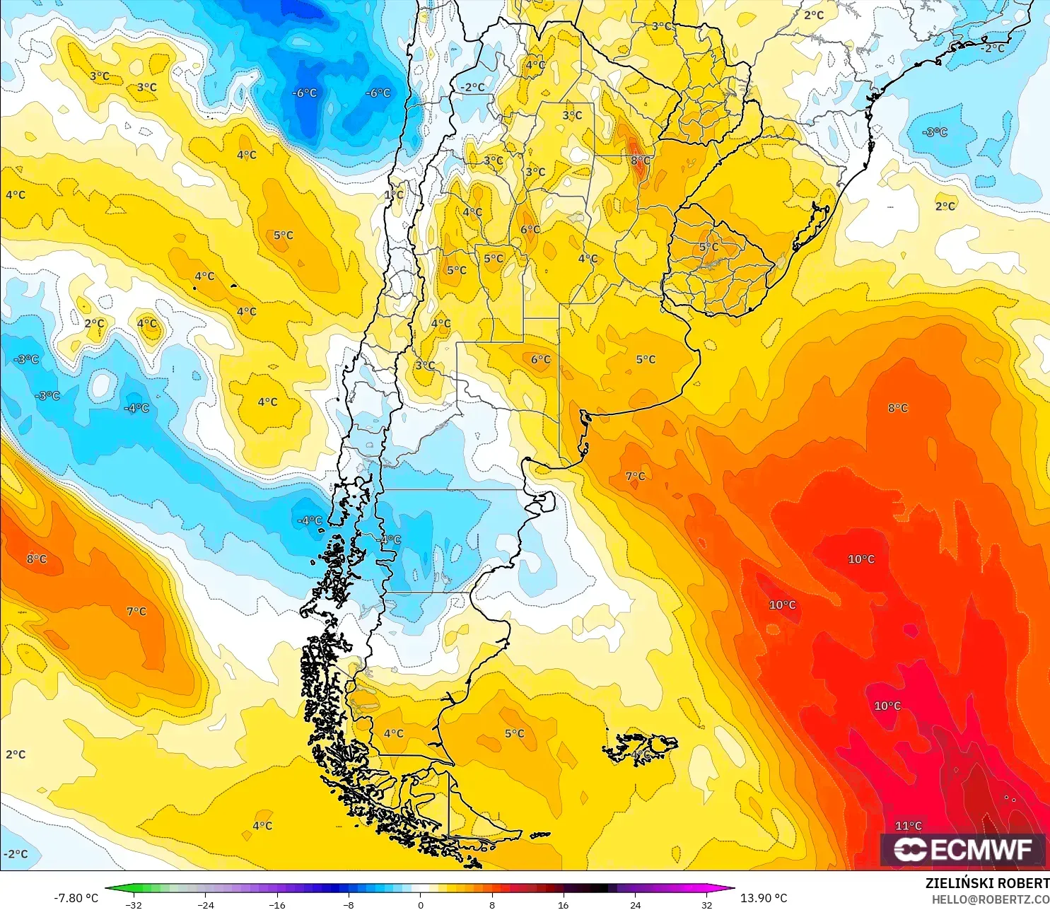 ECMWF IFS 0.25° نموذج - الأرجنتين, انحراف درجة الحرارة 850 hPa