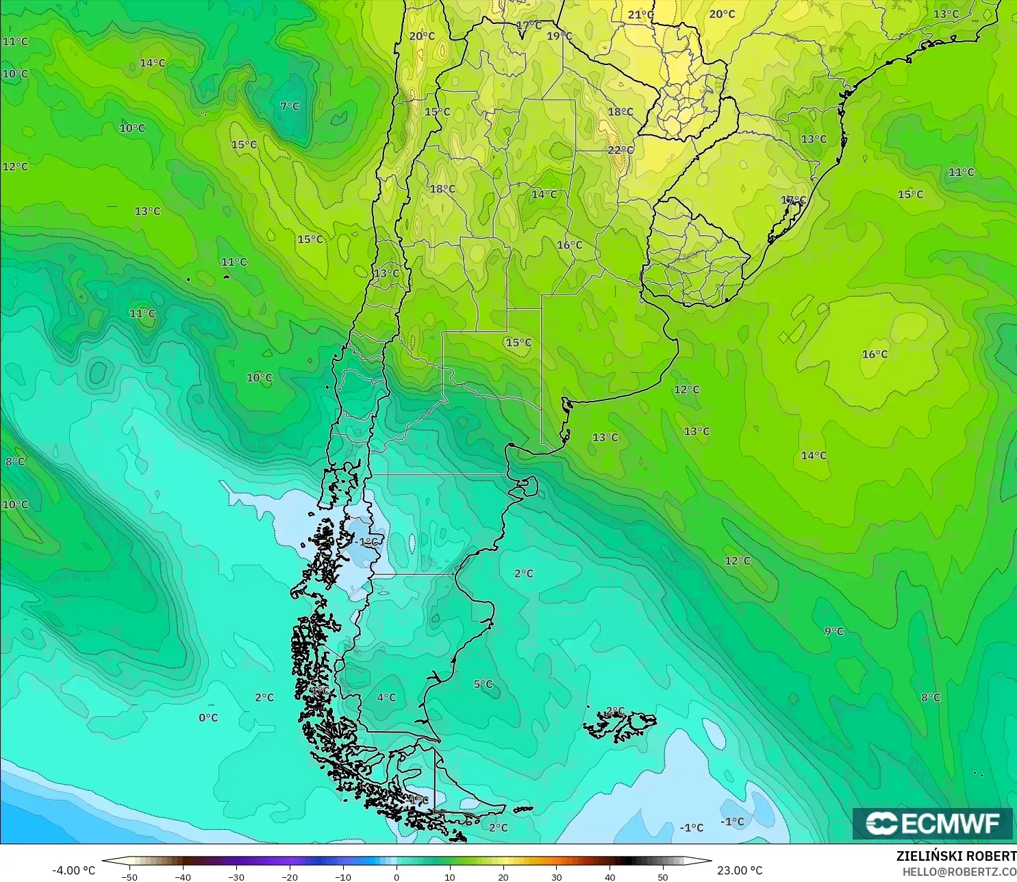 ECMWF IFS 0.25° نموذج - الأرجنتين, درجة الحرارة 850 hPa