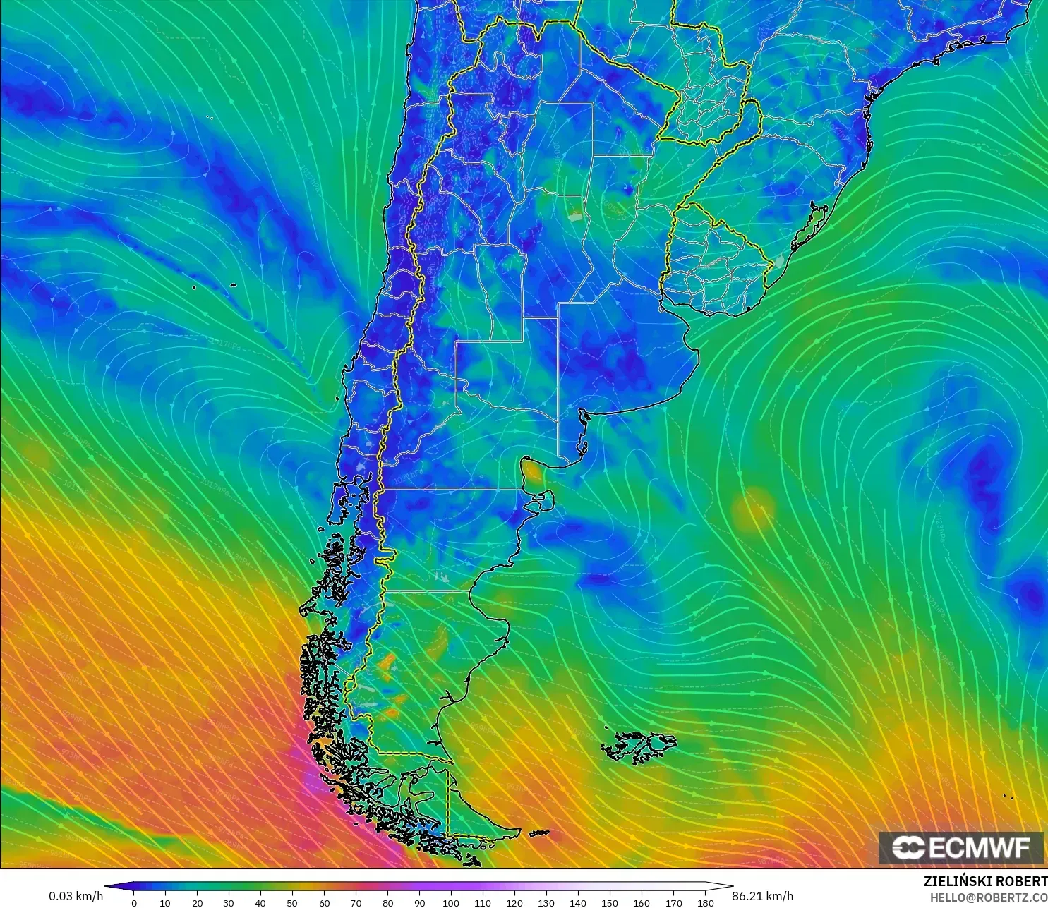 ECMWF IFS 0.25° نموذج - الأرجنتين, رياح 10 م