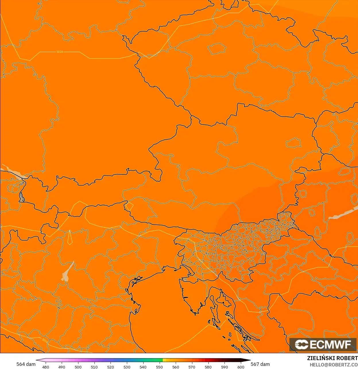 ECMWF IFS 0.25° model - Austria, Geopotential height at 500hPa