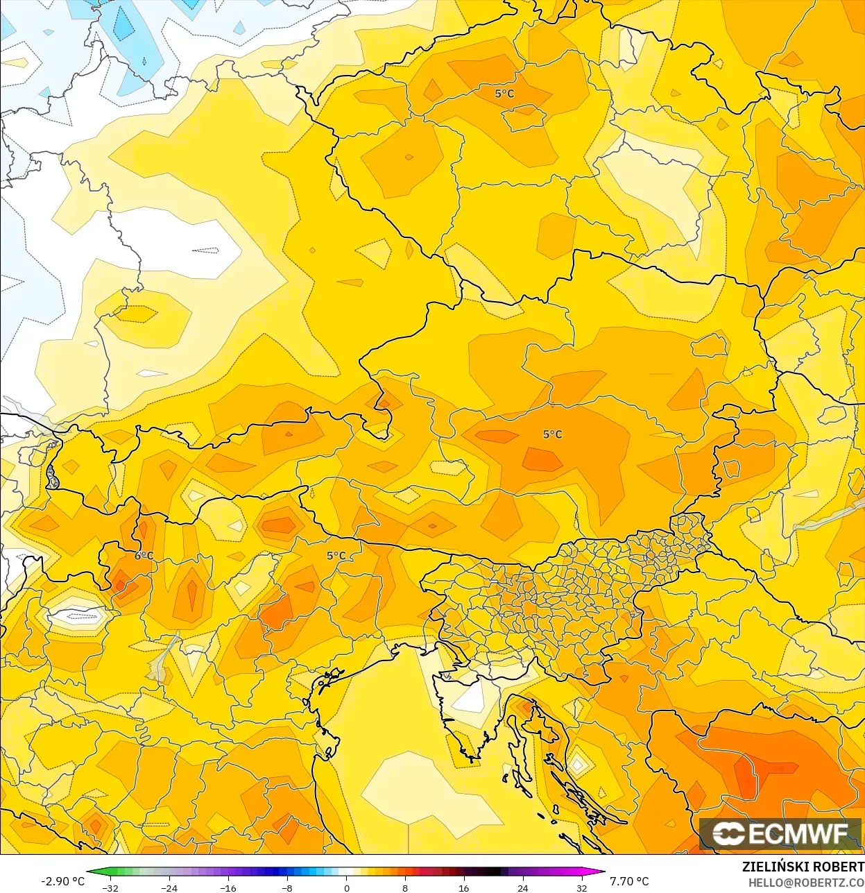 ECMWF IFS 0.25° model - Austria, Temperature at 2m Anomaly