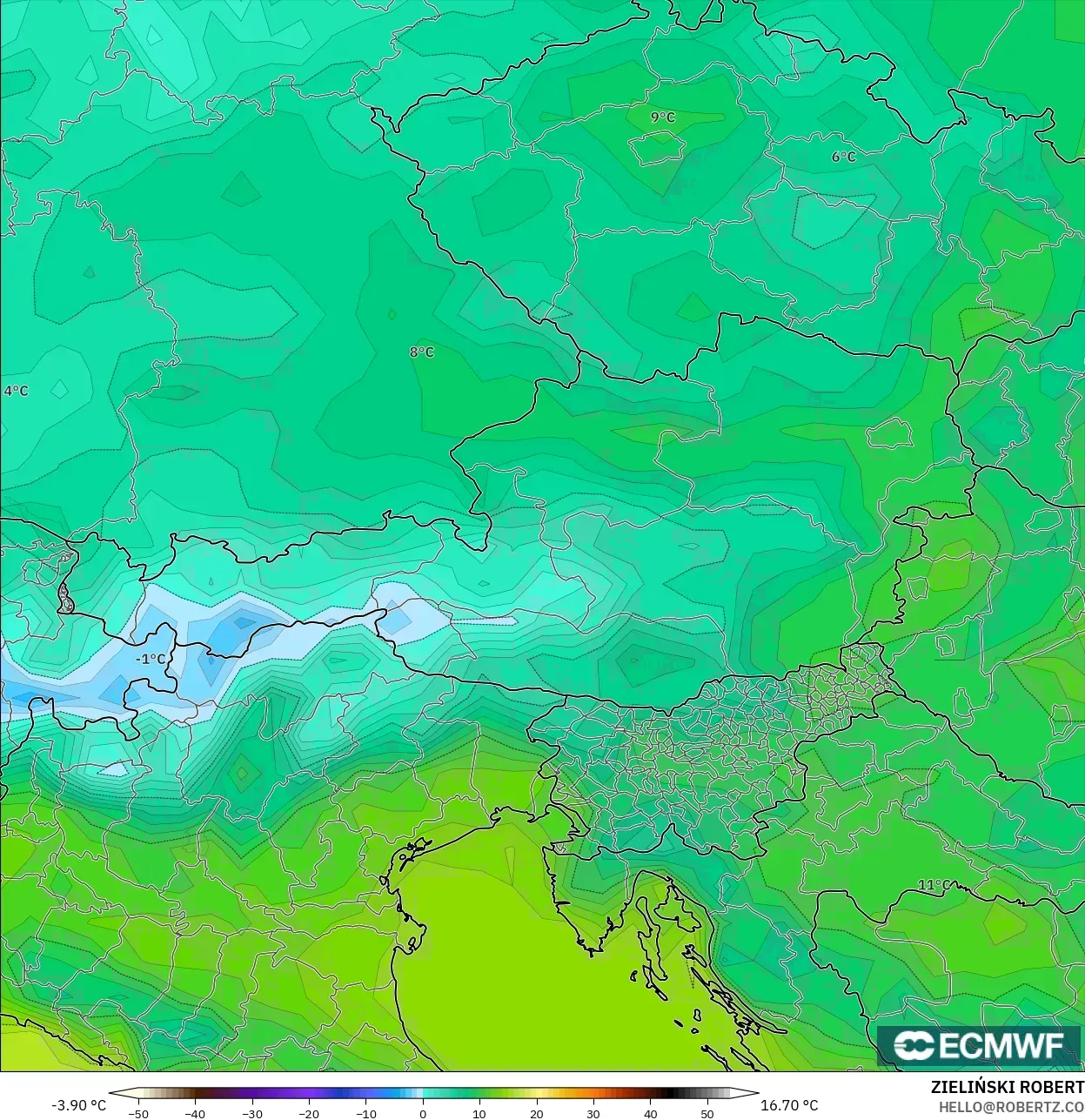 ECMWF IFS 0.25° نموذج - النمسا, درجة الحرارة على ارتفاع 2 م