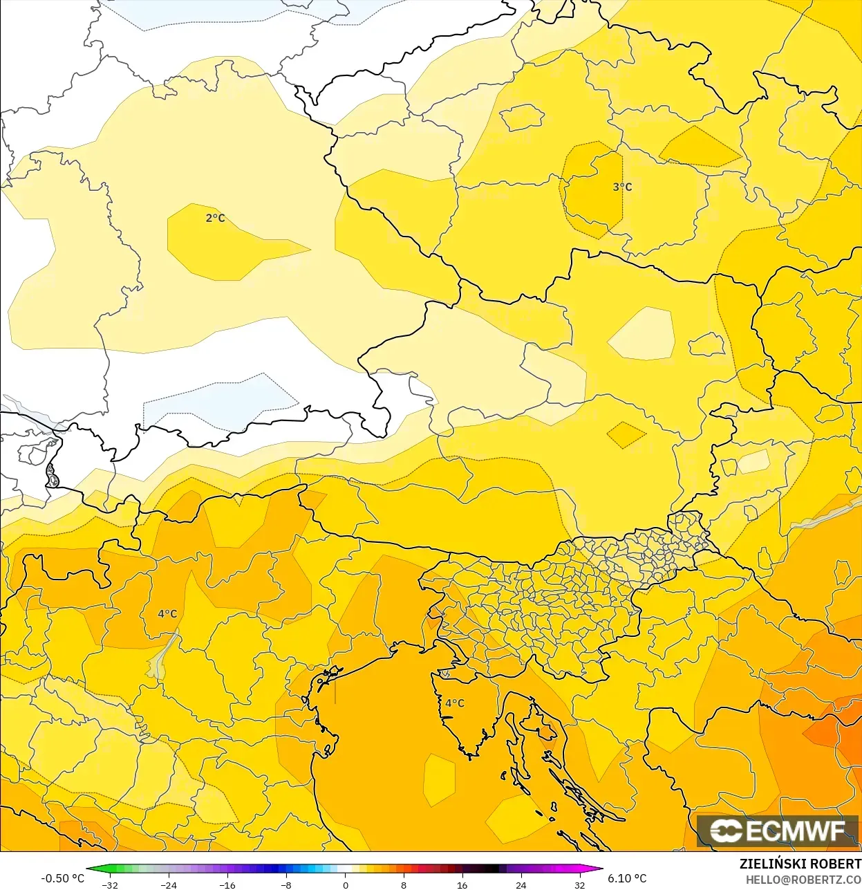 ECMWF IFS 0.25° نموذج - النمسا, انحراف درجة الحرارة 850 hPa