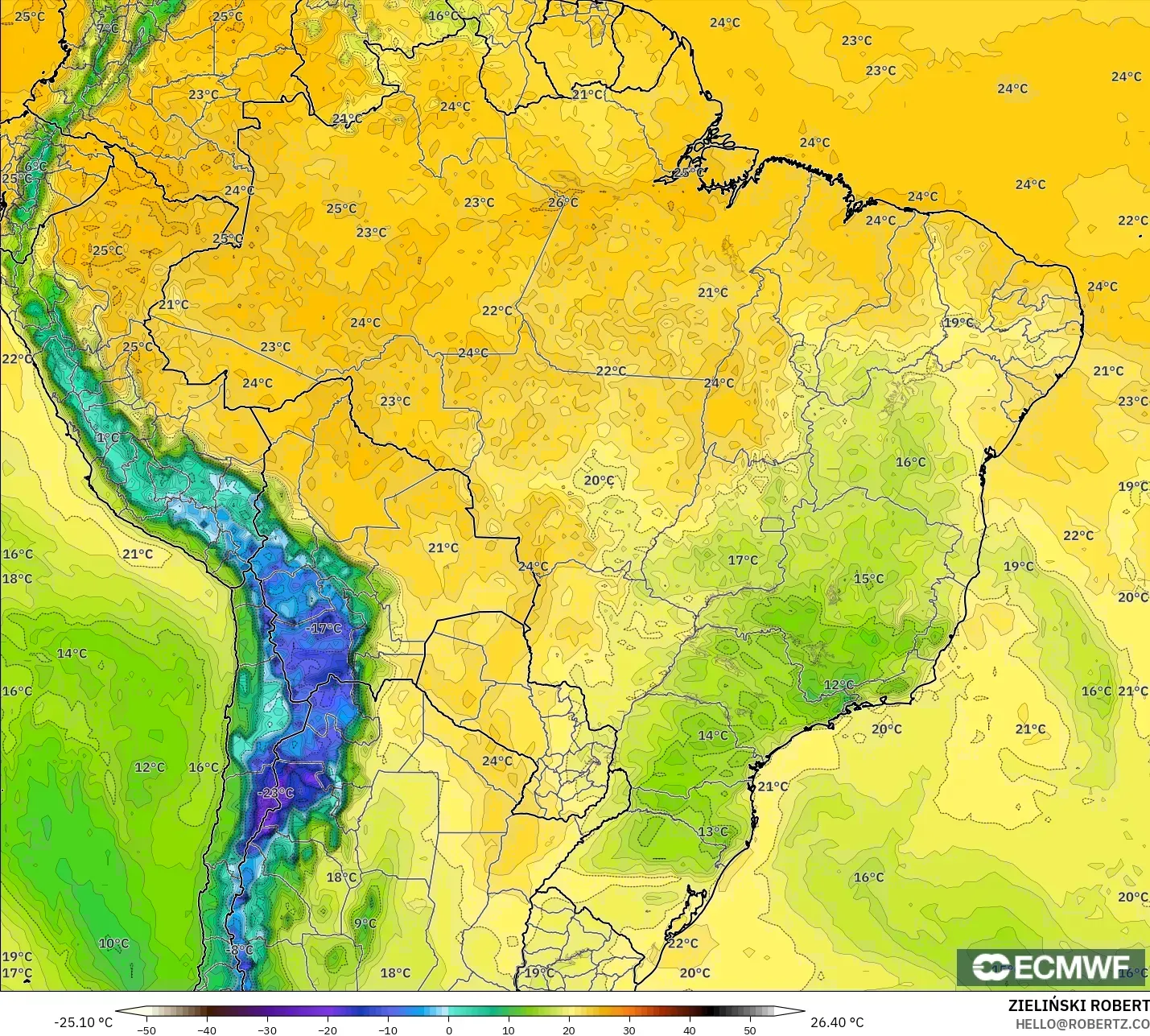 ECMWF IFS 0.25° نموذج - البرازيل, نقطة الندى 2 م