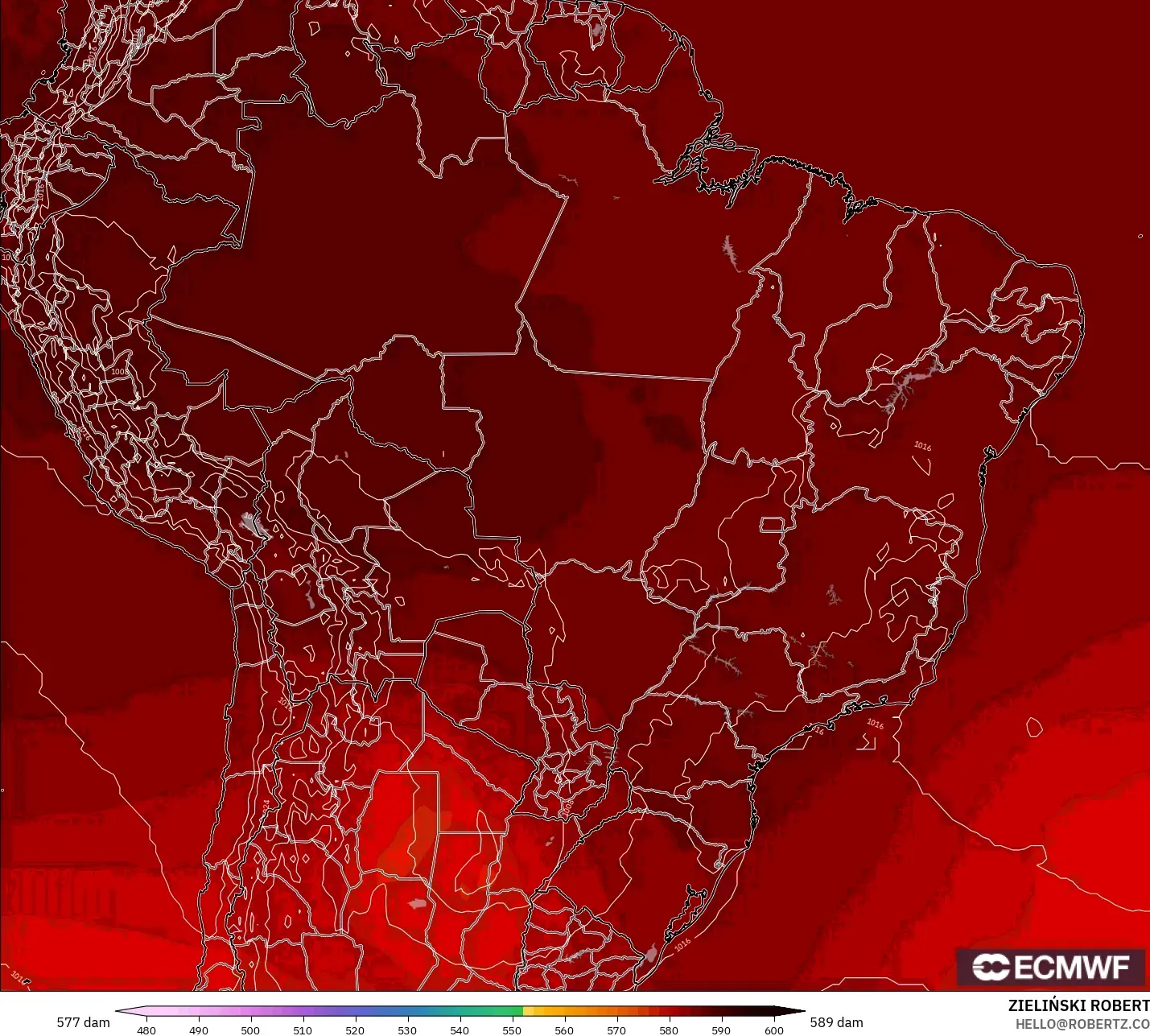 ECMWF IFS 0.25° model - Brazil, Geopotential height at 500hPa