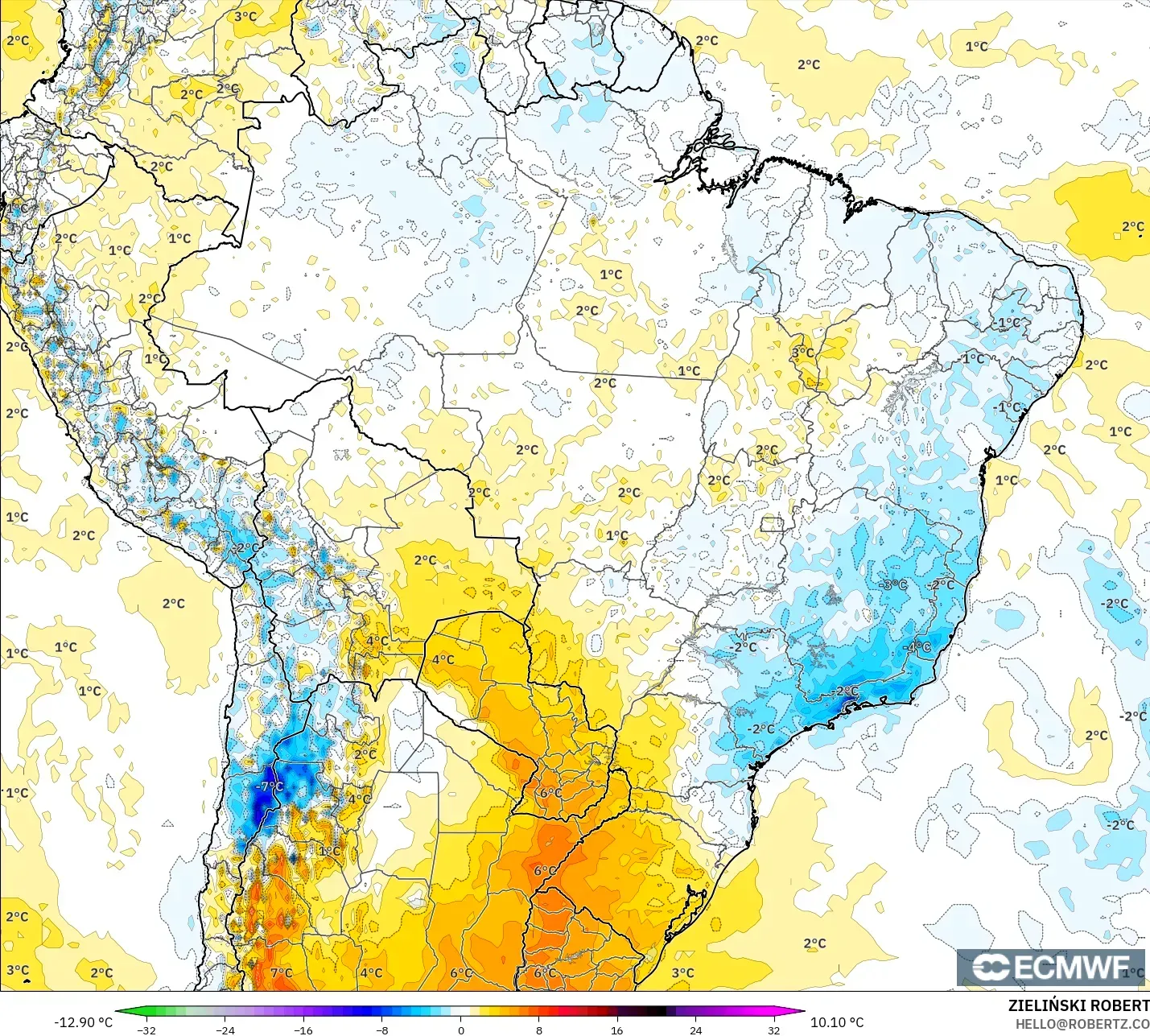 ECMWF IFS 0.25° model - Brazil, Temperature at 2m Anomaly