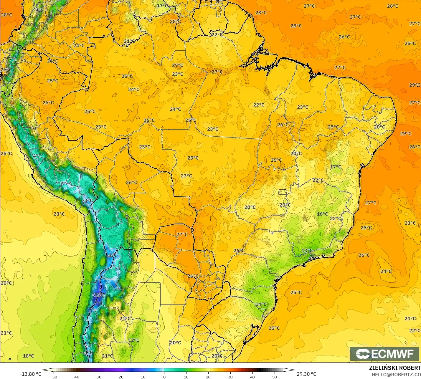 ECMWF IFS 0.25° نموذج - البرازيل, درجة الحرارة على ارتفاع 2 م