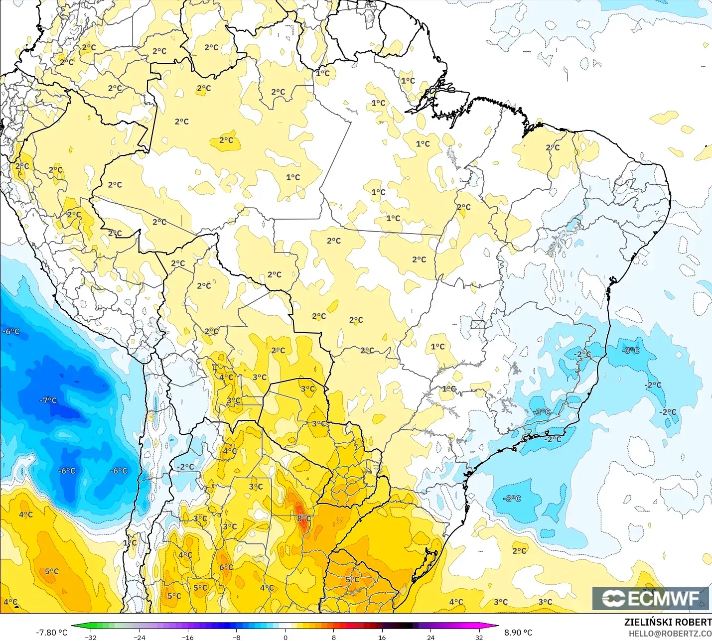 ECMWF IFS 0.25° نموذج - البرازيل, انحراف درجة الحرارة 850 hPa