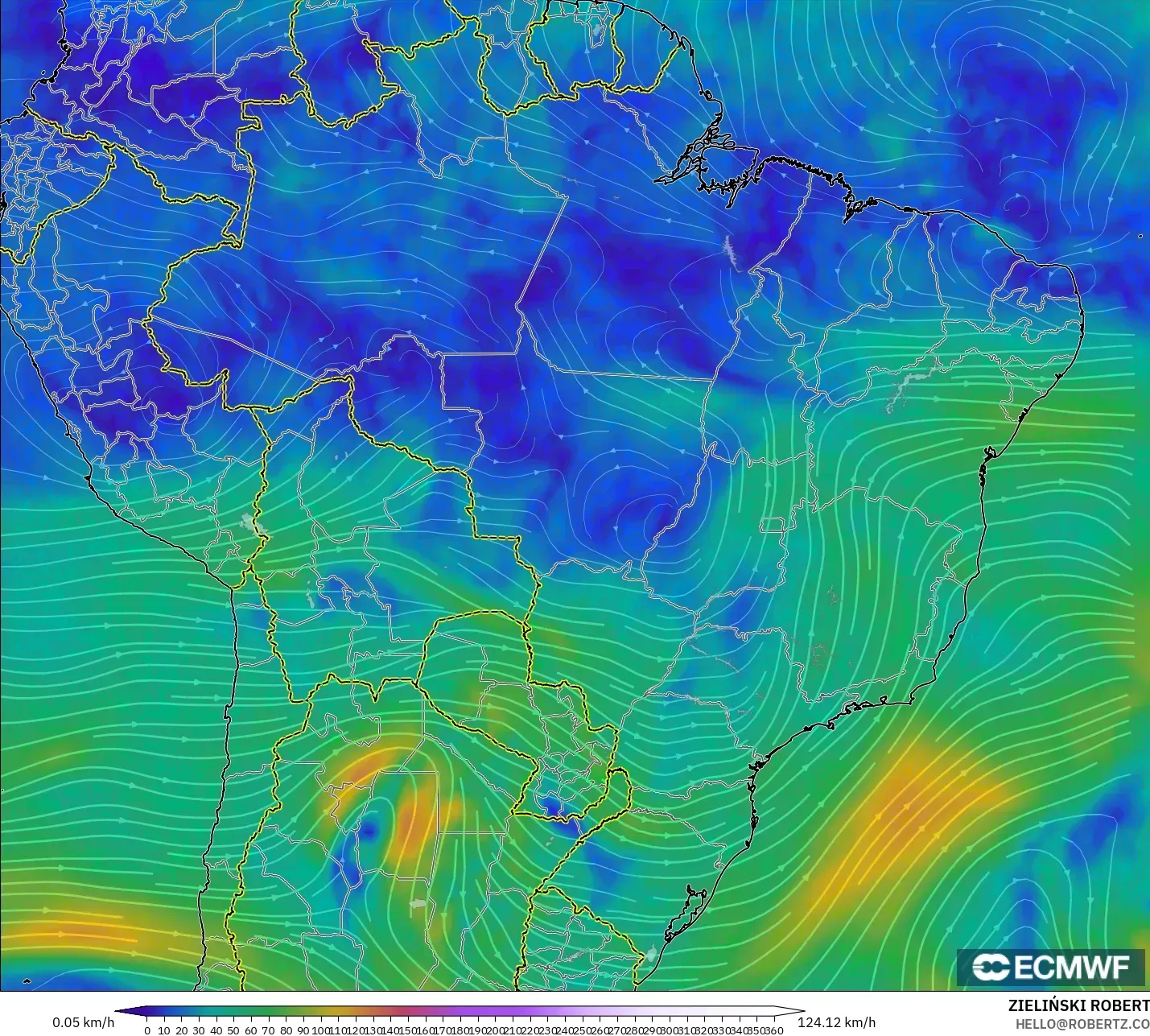 ECMWF IFS 0.25° نموذج - البرازيل, رياح 300 hPa (تيار نفاث)