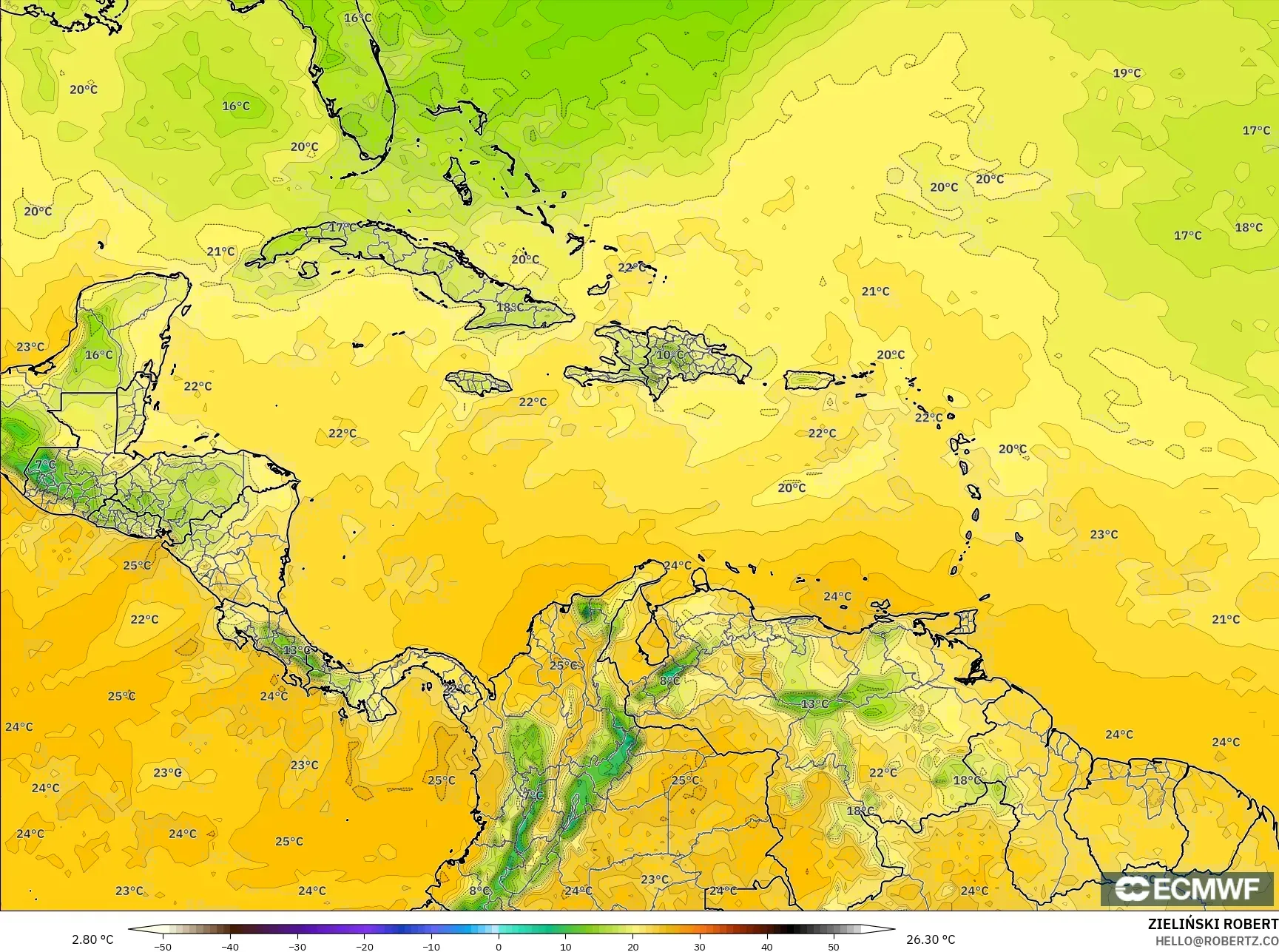 ECMWF IFS 0.25° نموذج - الكاريبي, نقطة الندى 2 م
