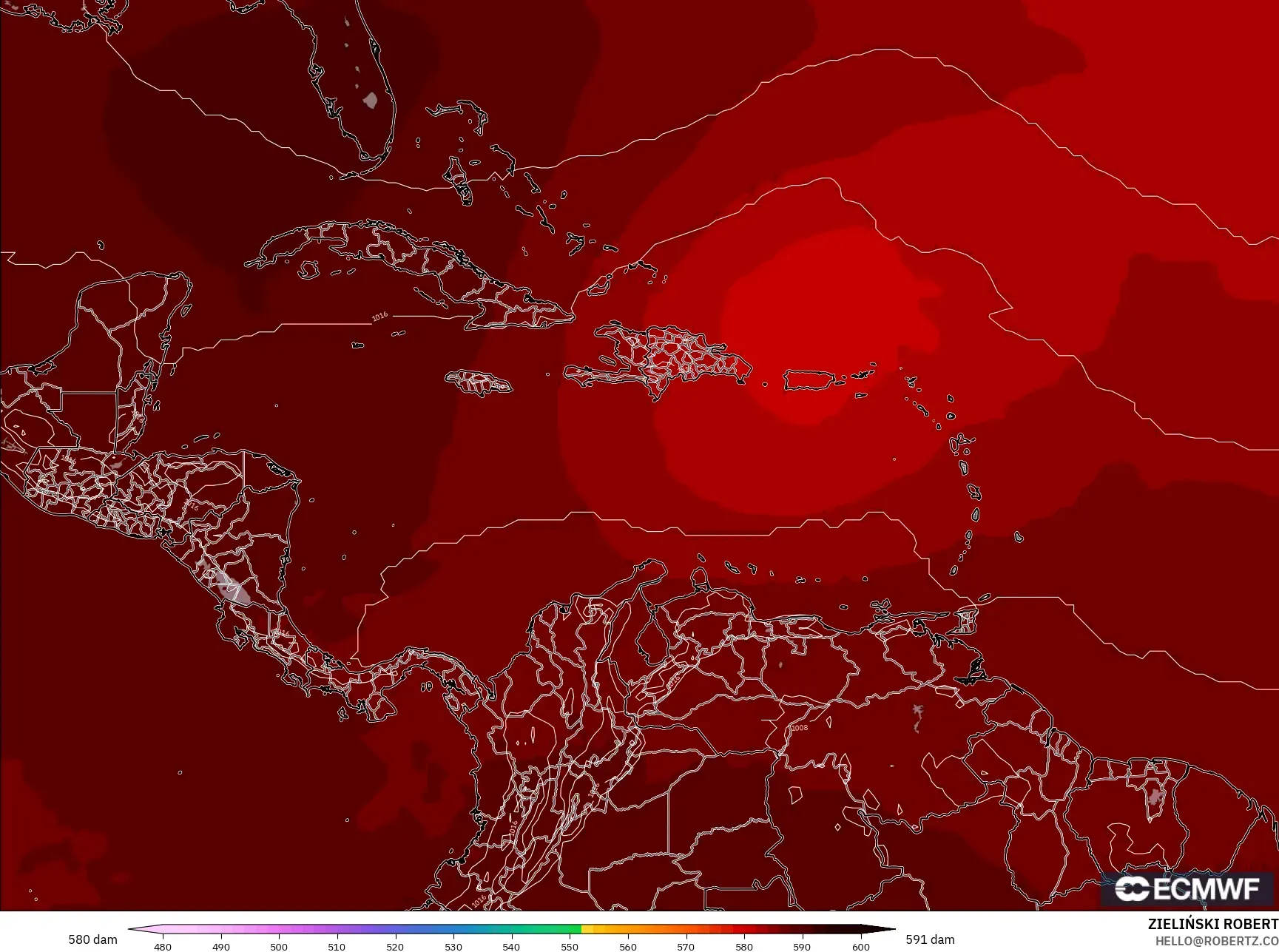 ECMWF IFS 0.25° نموذج - الكاريبي, الارتفاع الجهدي عند 500 هكتوباسكال