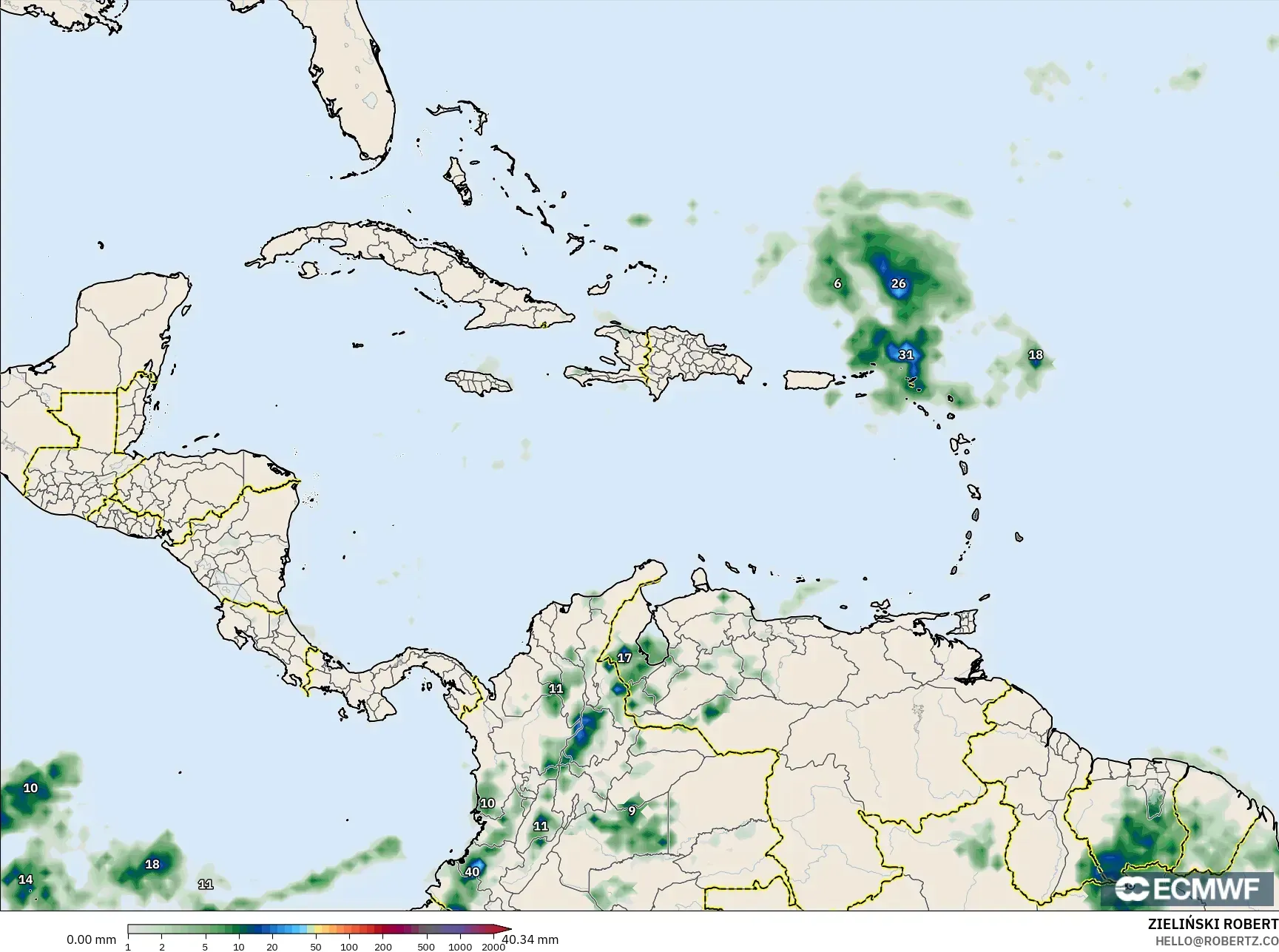 ECMWF IFS 0.25° نموذج - الكاريبي, تراكم الهطول