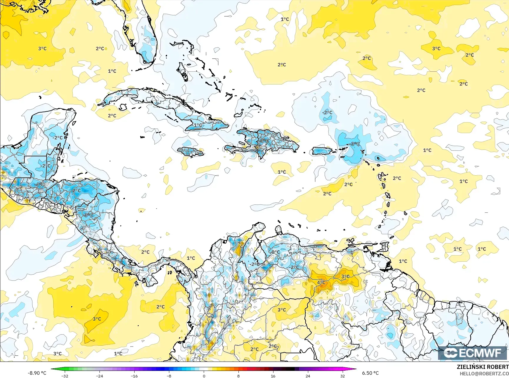 ECMWF IFS 0.25° نموذج - الكاريبي, انحراف درجة الحرارة 2 م