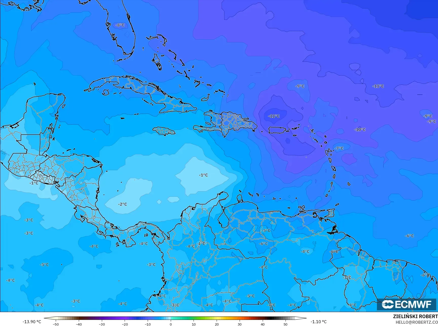 ECMWF IFS 0.25° نموذج - الكاريبي, درجة الحرارة 500 hPa