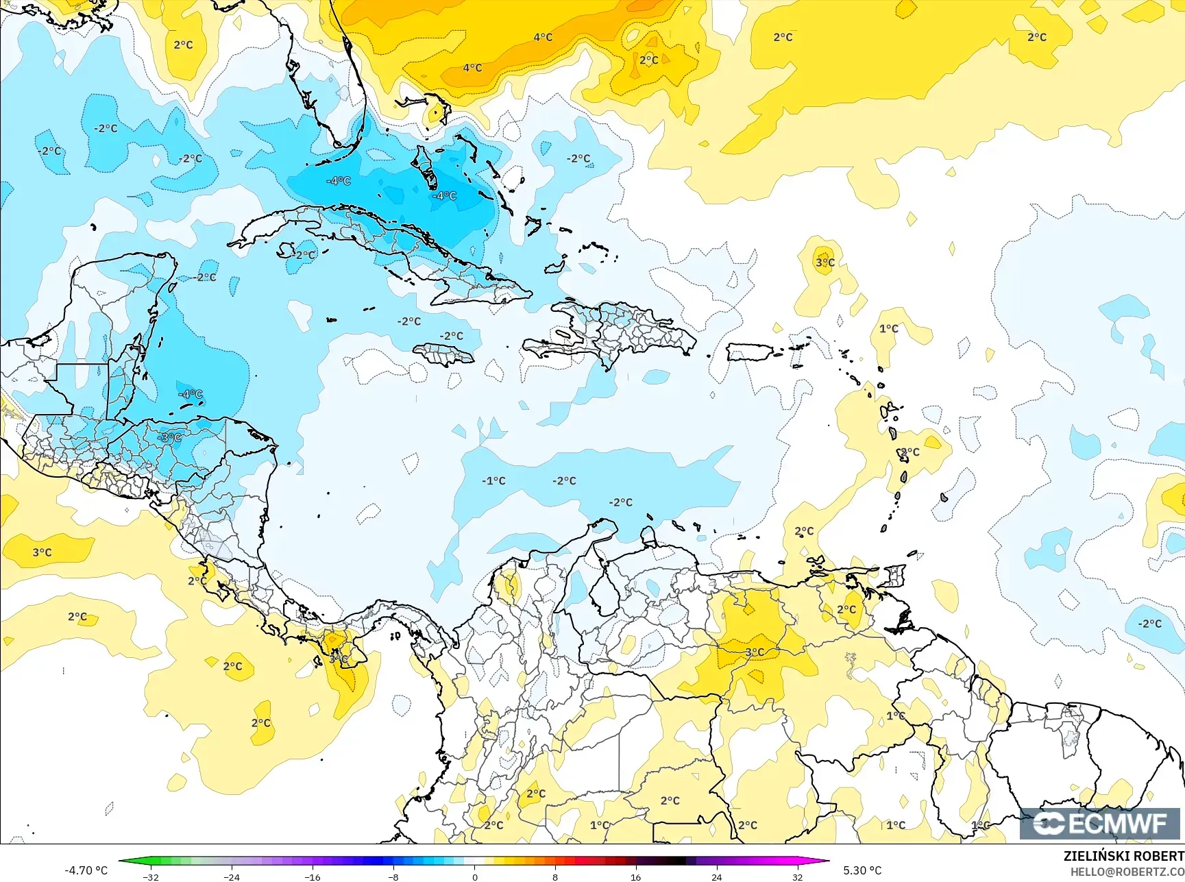 ECMWF IFS 0.25° نموذج - الكاريبي, انحراف درجة الحرارة 850 hPa