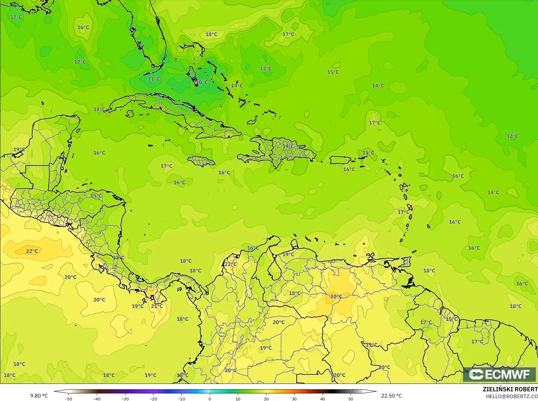 ECMWF IFS 0.25° نموذج - الكاريبي, درجة الحرارة 850 hPa
