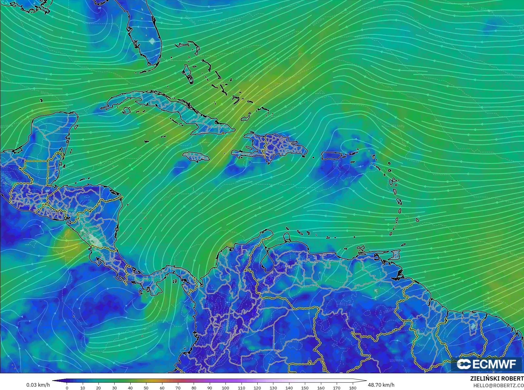 ECMWF IFS 0.25° نموذج - الكاريبي, رياح 10 م