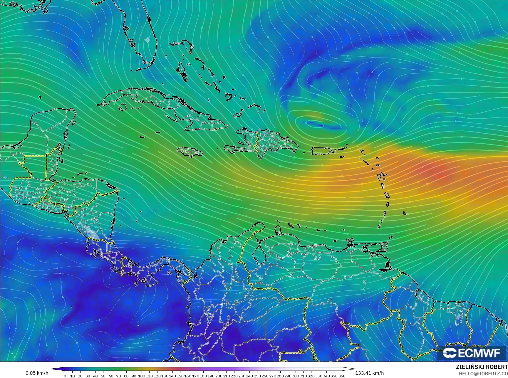 ECMWF IFS 0.25° نموذج - الكاريبي, رياح 300 hPa (تيار نفاث)