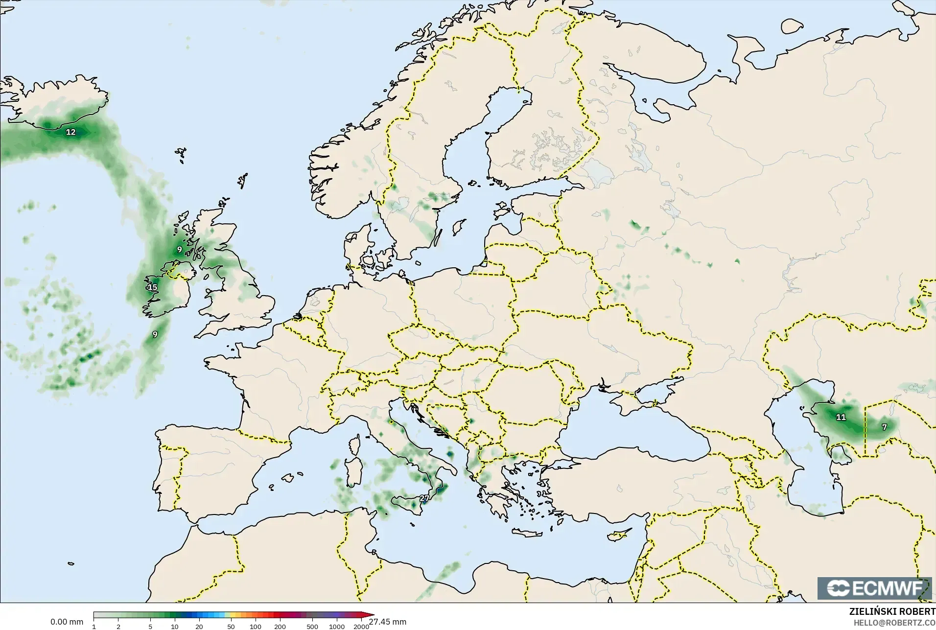 ECMWF IFS 0.25° نموذج - أوروبا, تراكم الهطول