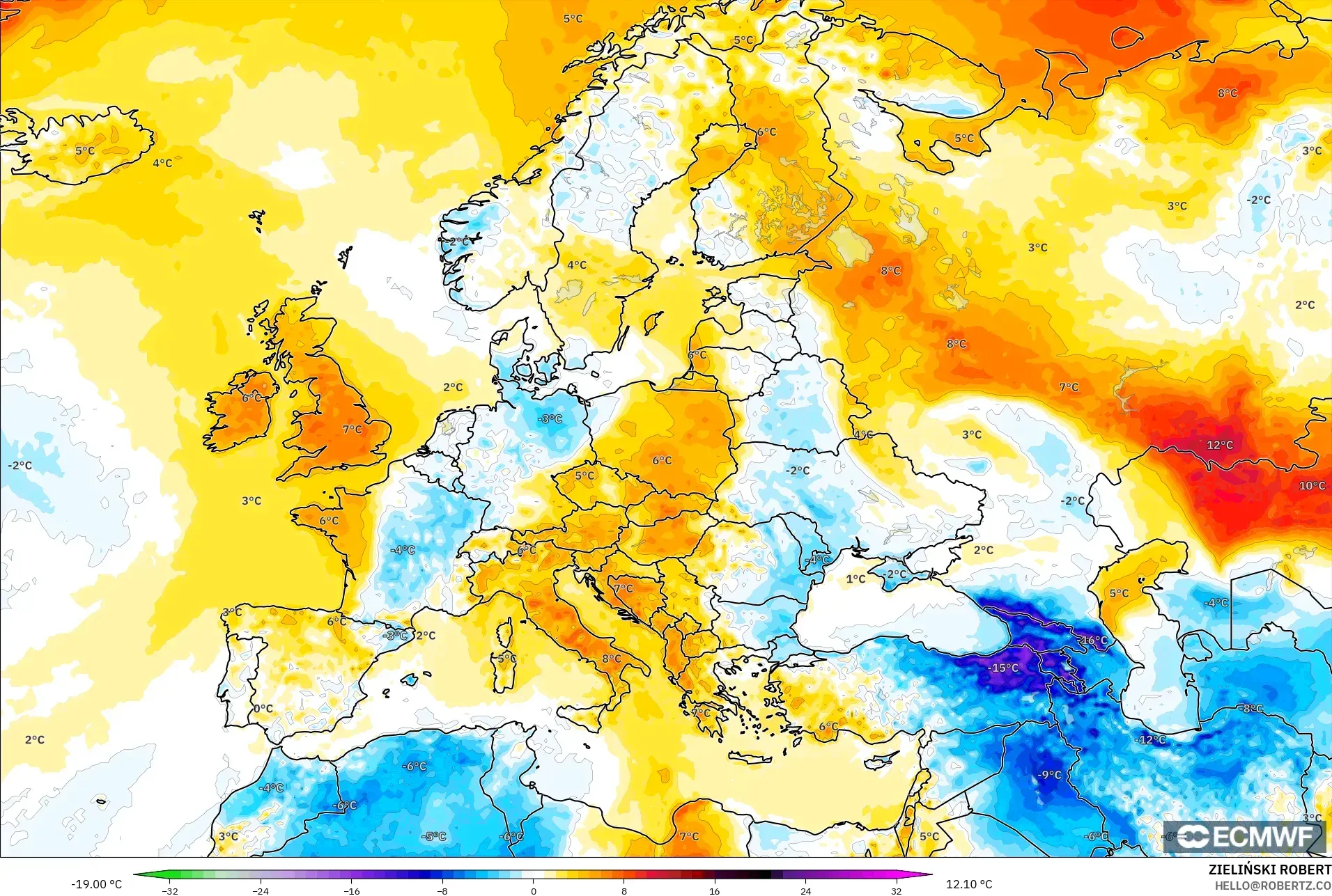 ECMWF IFS 0.25° model - Europe, Temperature at 2m Anomaly