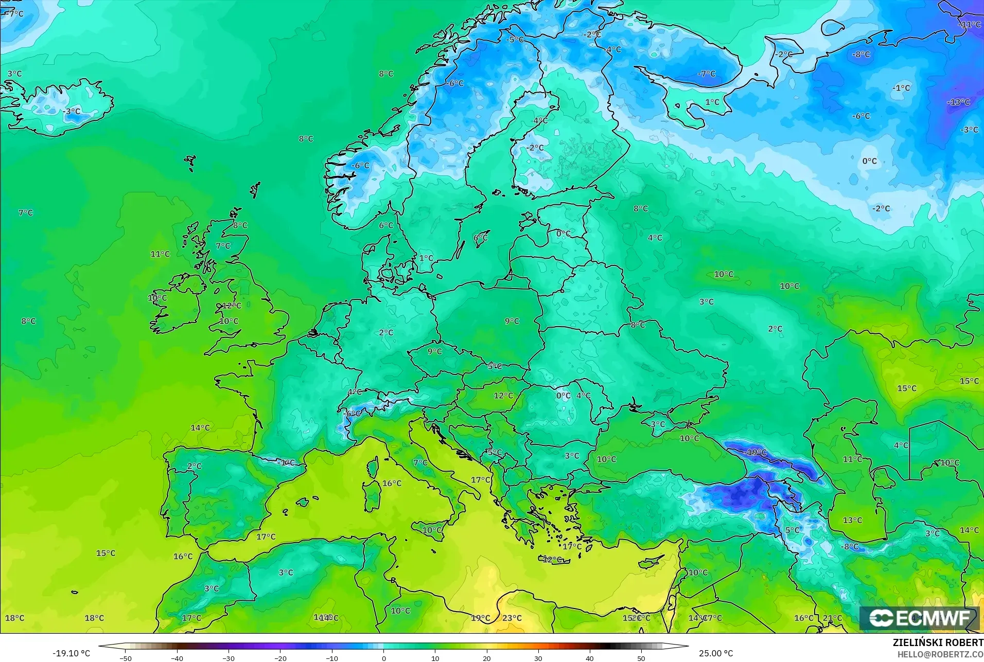 ECMWF IFS 0.25° نموذج - أوروبا, درجة الحرارة على ارتفاع 2 م