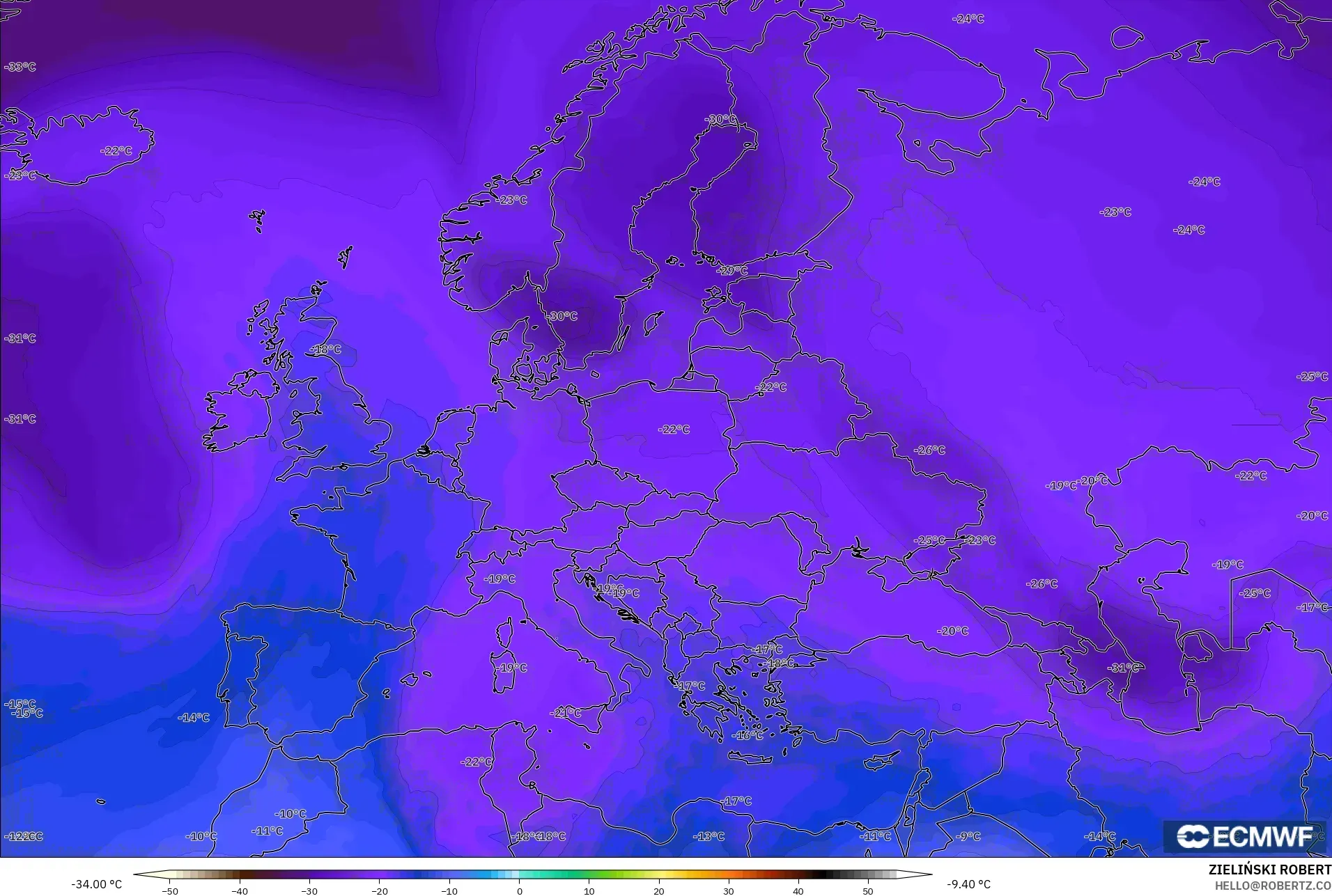 ECMWF IFS 0.25° نموذج - أوروبا, درجة الحرارة 500 hPa