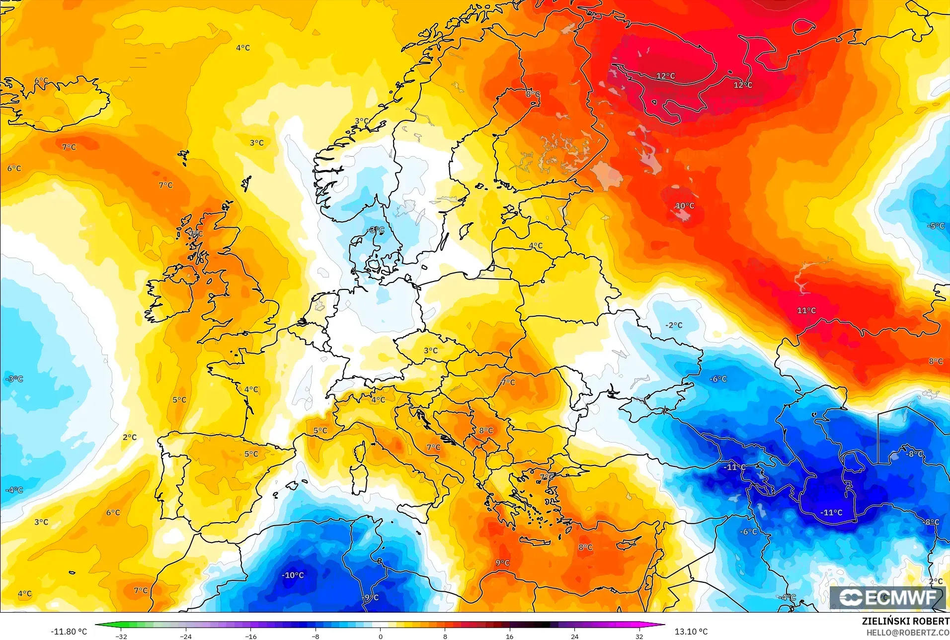 ECMWF IFS 0.25° نموذج - أوروبا, انحراف درجة الحرارة 850 hPa