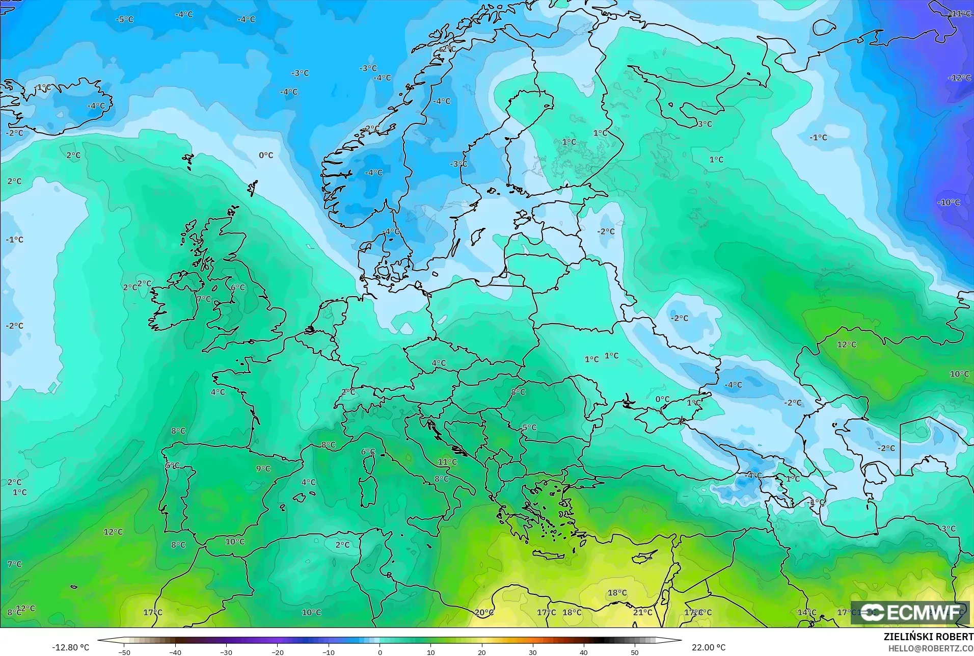 ECMWF IFS 0.25° نموذج - أوروبا, درجة الحرارة 850 hPa