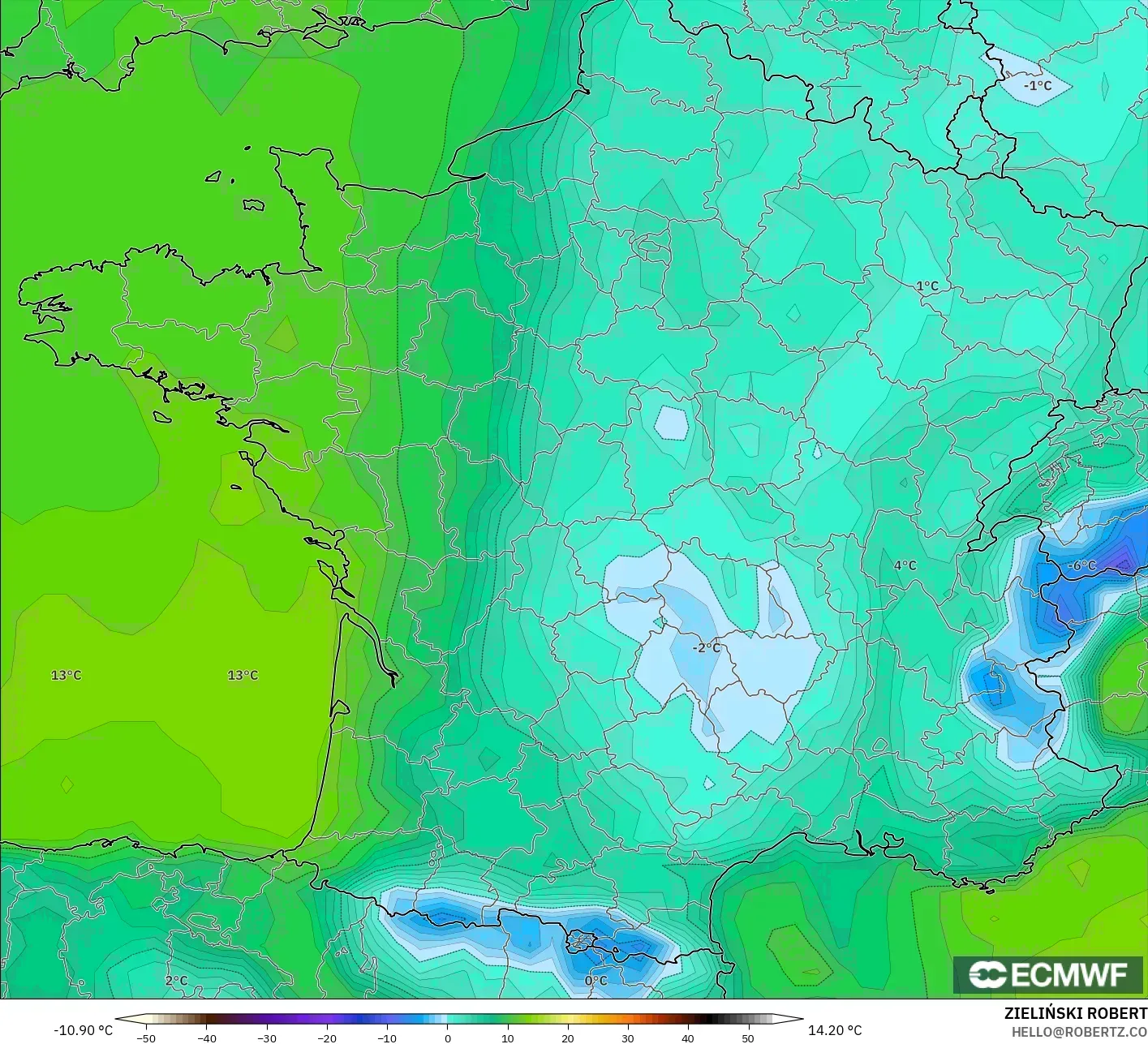 ECMWF IFS 0.25° نموذج - فرنسا, نقطة الندى 2 م