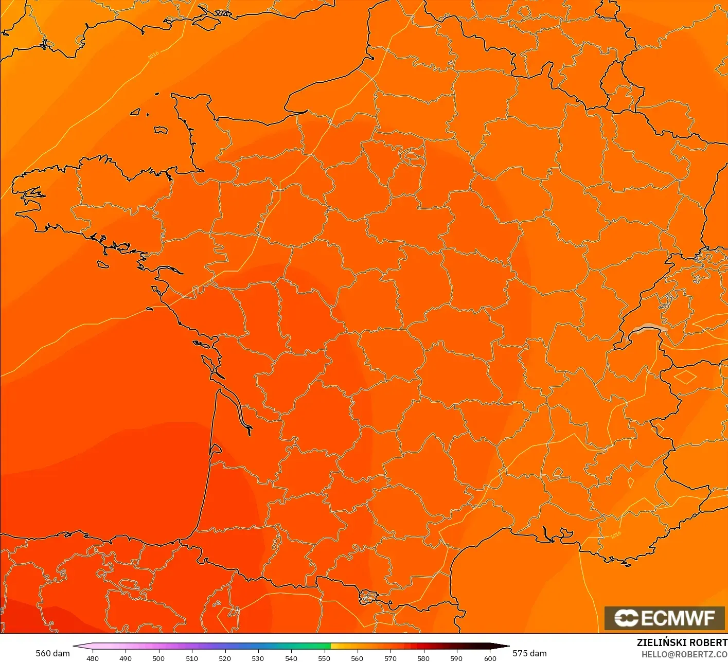 ECMWF IFS 0.25° model - France, Geopotential height at 500hPa