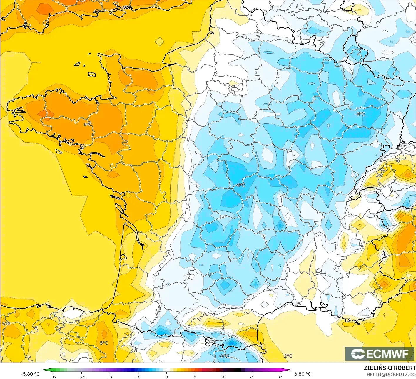 ECMWF IFS 0.25° model - France, Temperature at 2m Anomaly
