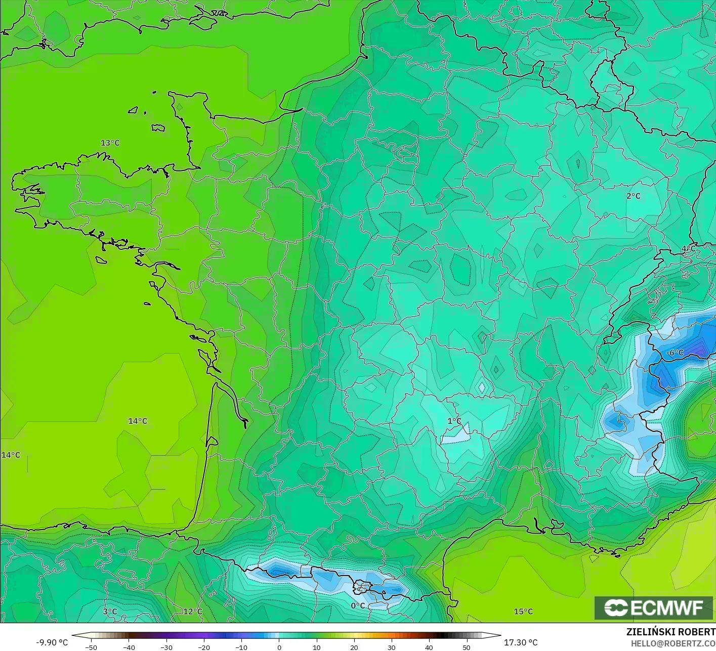 ECMWF IFS 0.25° نموذج - فرنسا, درجة الحرارة على ارتفاع 2 م